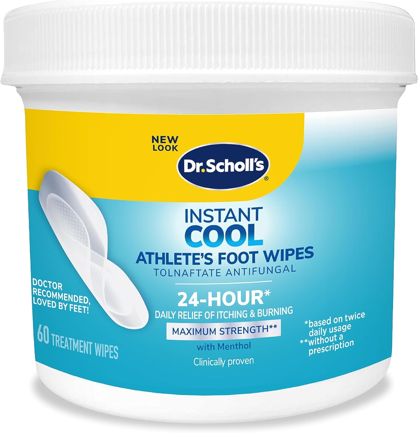 Dr. Scholls INSTANT COOL ATHLETES FOOT TREATMENT WIPES, 60 ct // Clinically Proven, Maximum Strength Antifungal, Cures  Prevents Most Athletes Foot, 24-Hour Daily Relief of Itching  Burning