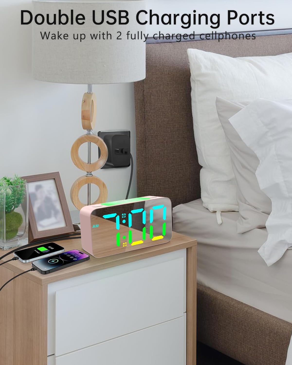 Dynamic RGB Mirror Alarm Clock for Bedroom, 15-Color Mode/7 Large LED Screen/3 Dimmer + OFF,7 Color Nightlight,2 USB Phone Charger,5-Level Loud Alarm,12/24H,Plug in Rainbow Clock for Kid Deep Sleeper