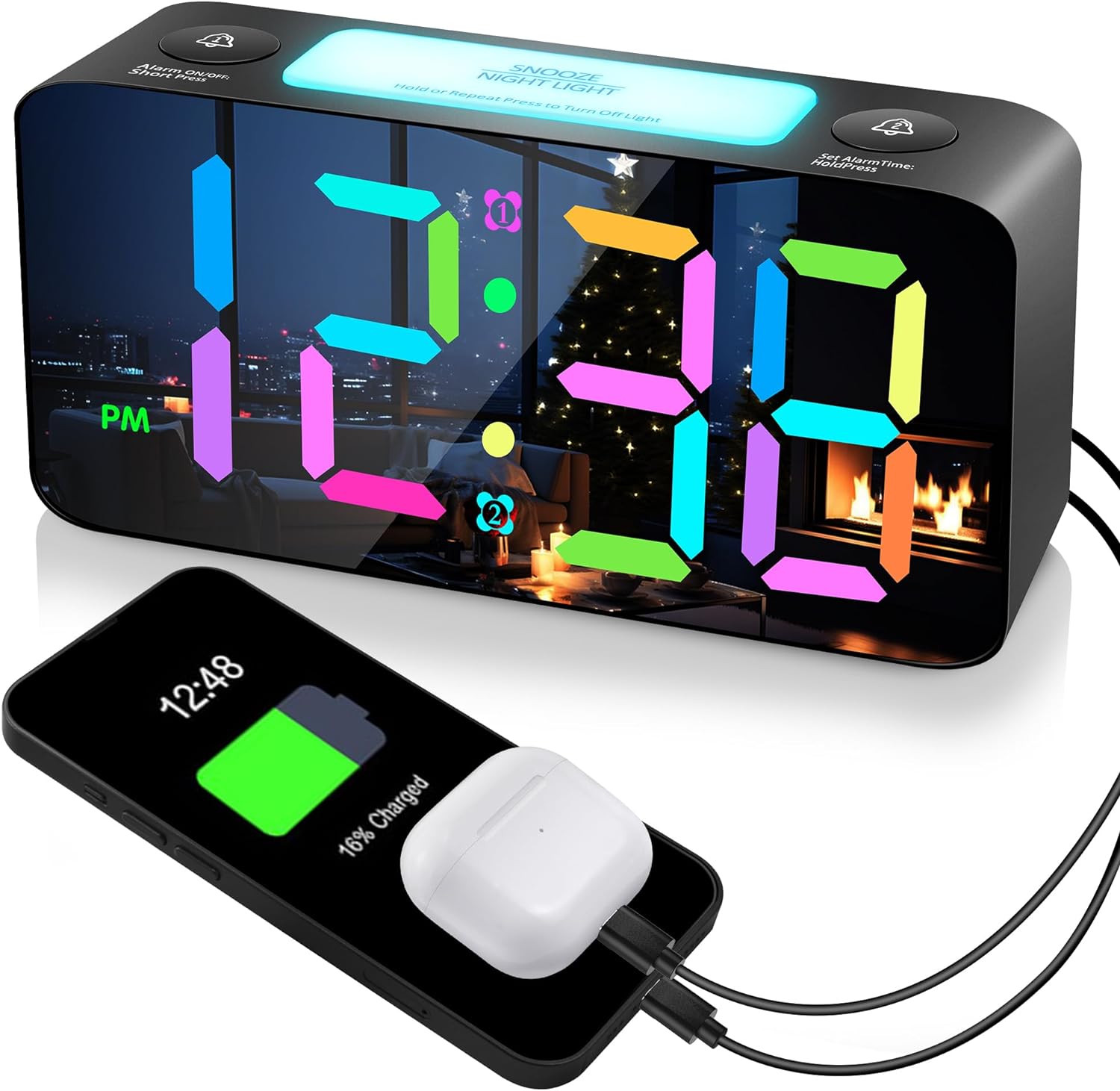 Dynamic RGB Mirror Alarm Clock for Bedroom, 15-Color Mode/7 Large LED Screen/3 Dimmer + OFF,7 Color Nightlight,2 USB Phone Charger,5-Level Loud Alarm,12/24H,Plug in Rainbow Clock for Kid Deep Sleeper