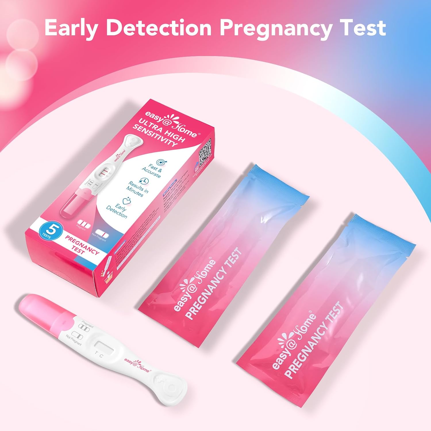 Easy@Home Pregnancy Test Sticks: Early Detection with Ultra High Sensitivity - Easy to Use at Home Rapid Result - Pregnancy Tests with Curved Handle | 5 Pack