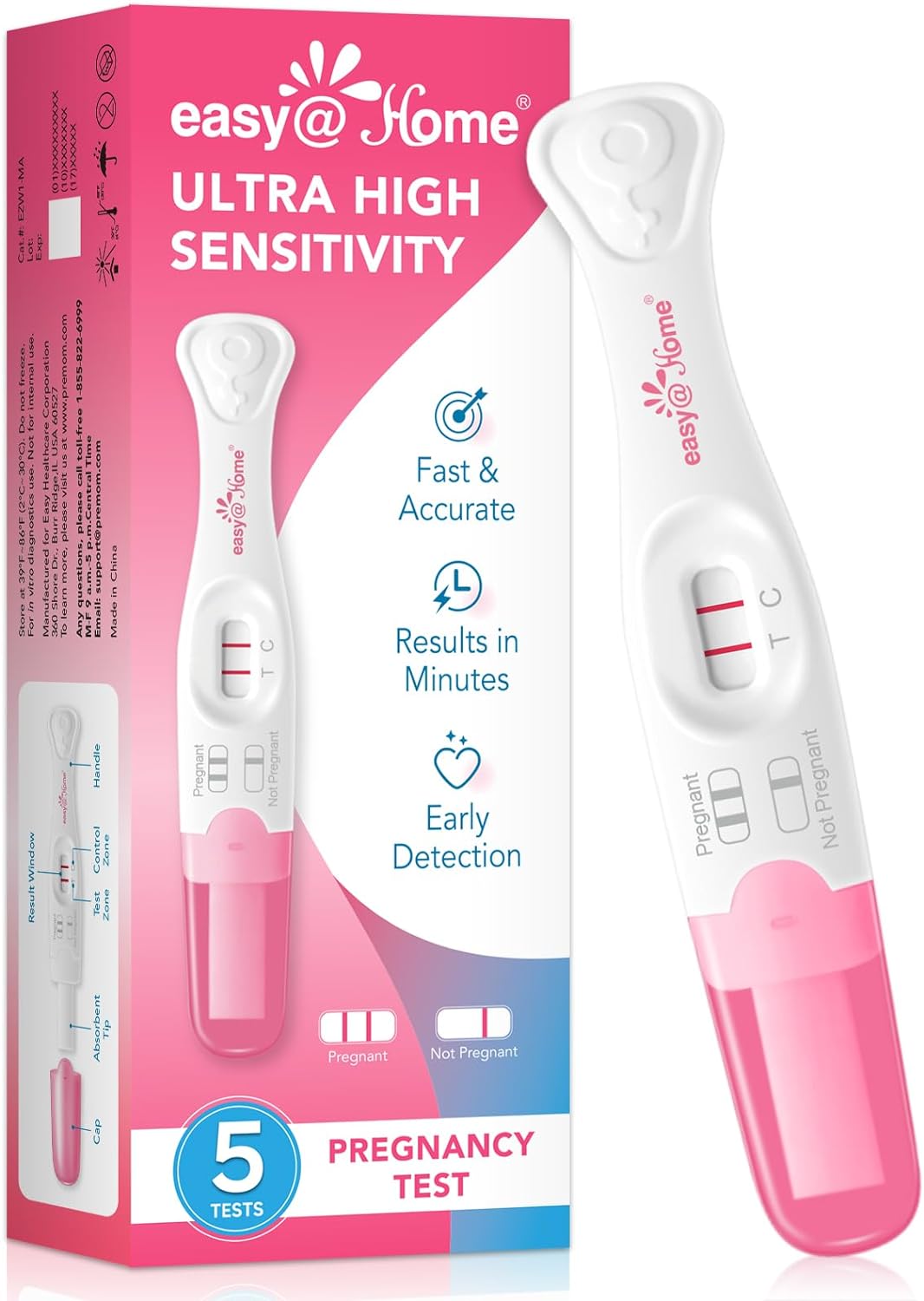 Easy@Home Pregnancy Test Sticks: Early Detection with Ultra High Sensitivity - Easy to Use at Home Rapid Result - Pregnancy Tests with Curved Handle | 5 Pack