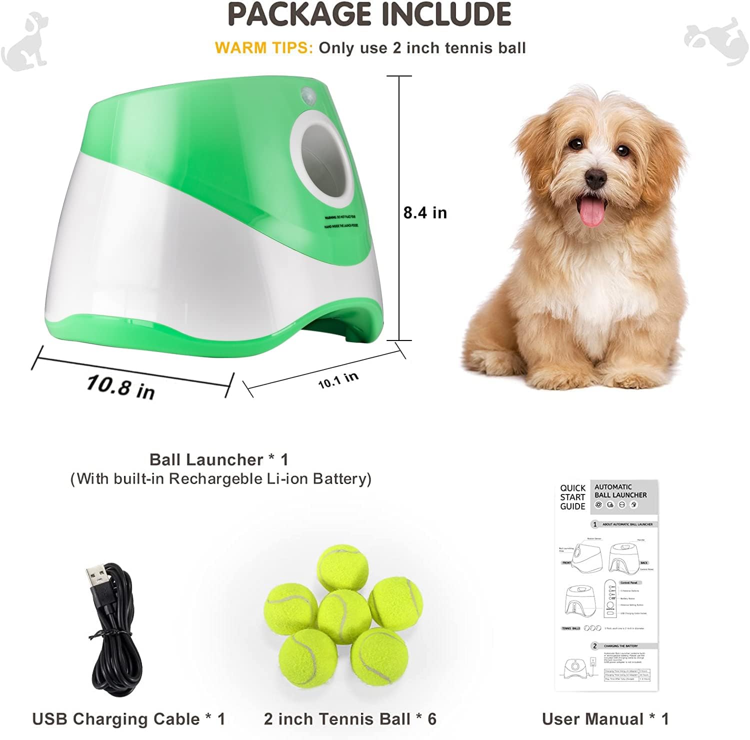 ENIGETA Automatic Ball Launcher for Dogs, Distance 10-30ft Ball Thrower Indoor Outdoor Dog Fetch Machine for Small to Medium Sized Dogs 6PCS Tennis Balls Included(2 inch)