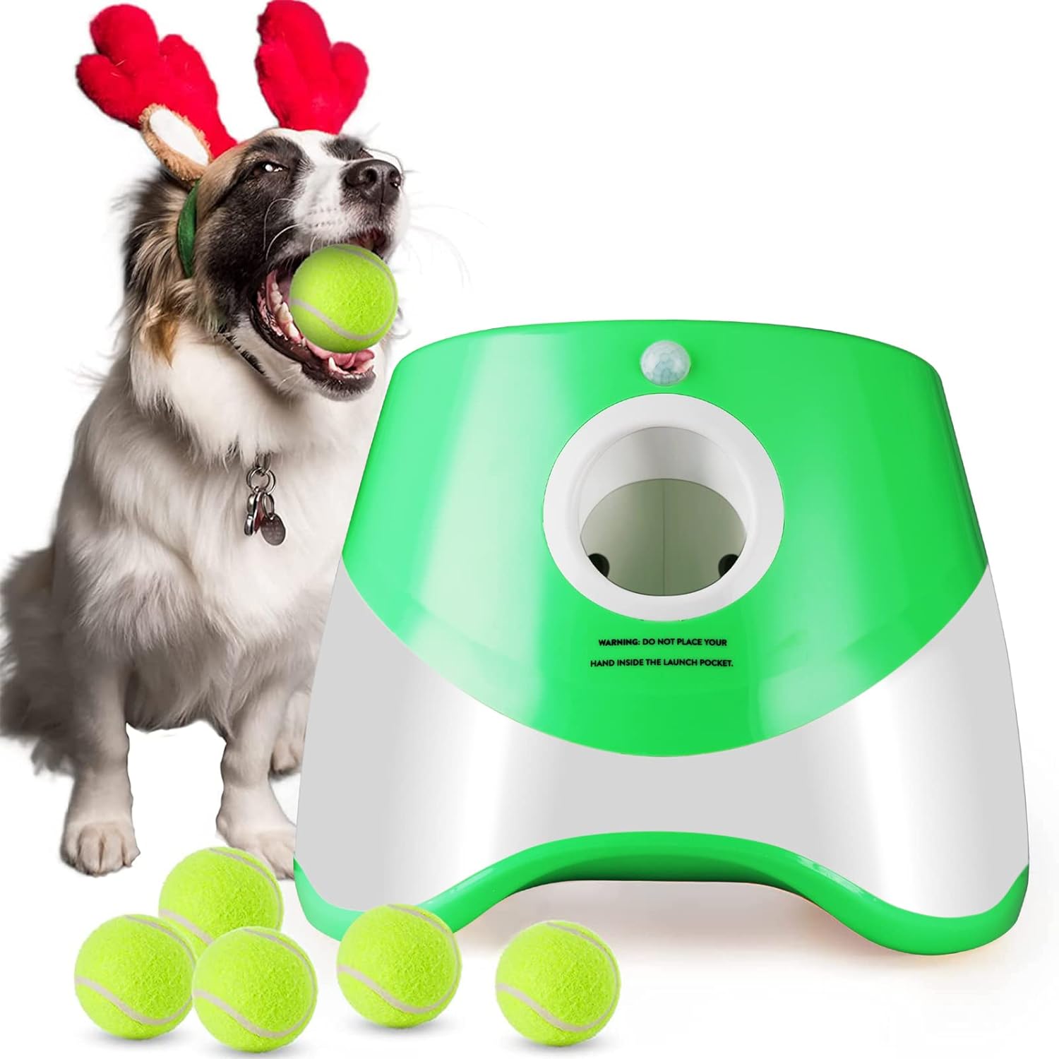 ENIGETA Automatic Ball Launcher for Dogs, Distance 10-30ft Ball Thrower Indoor Outdoor Dog Fetch Machine for Small to Medium Sized Dogs 6PCS Tennis Balls Included(2 inch)