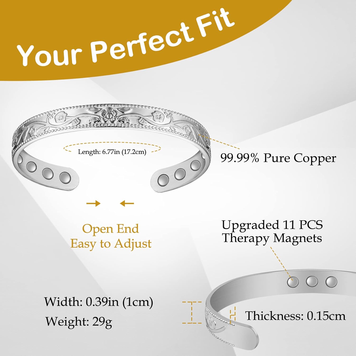 Feraco Copper Bracelet for Women Arthritis  Joint, Magnetic Bracelets for Women Pain Relief, 99.99% Pure Copper Cuff Bangle with 3500 Gauss Healing Magnets, Adjustable, Vintage Flower Collection