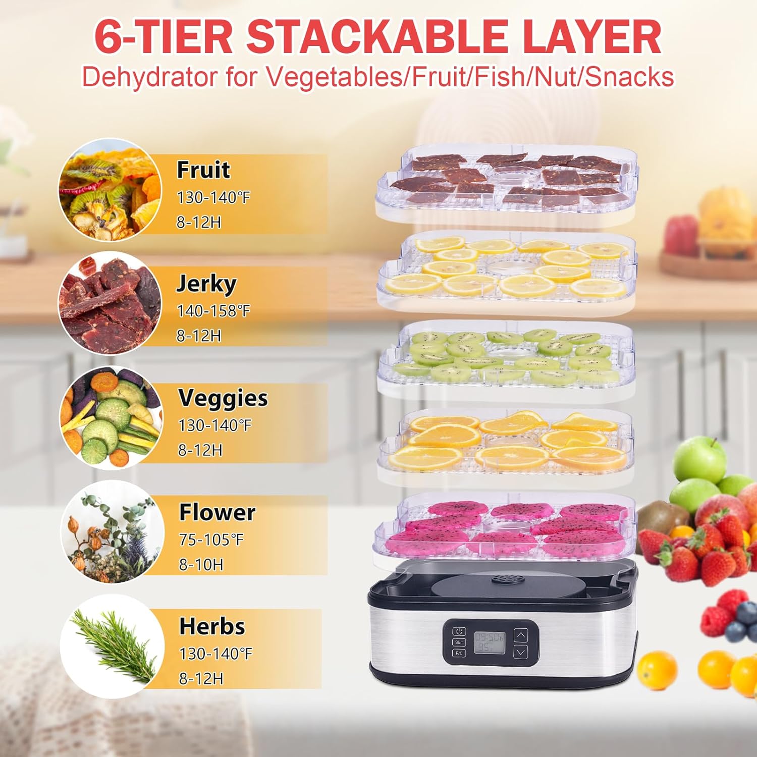 Food Dehydrator, 6 Trays Dehydrator with 72H Timer  95-167℉ Temperature Control  LED Display, Dehydrators for Food and Jerky, Fruits, Herb, Veggies, Pet Treat, BPA-Free, Recipe Book Included