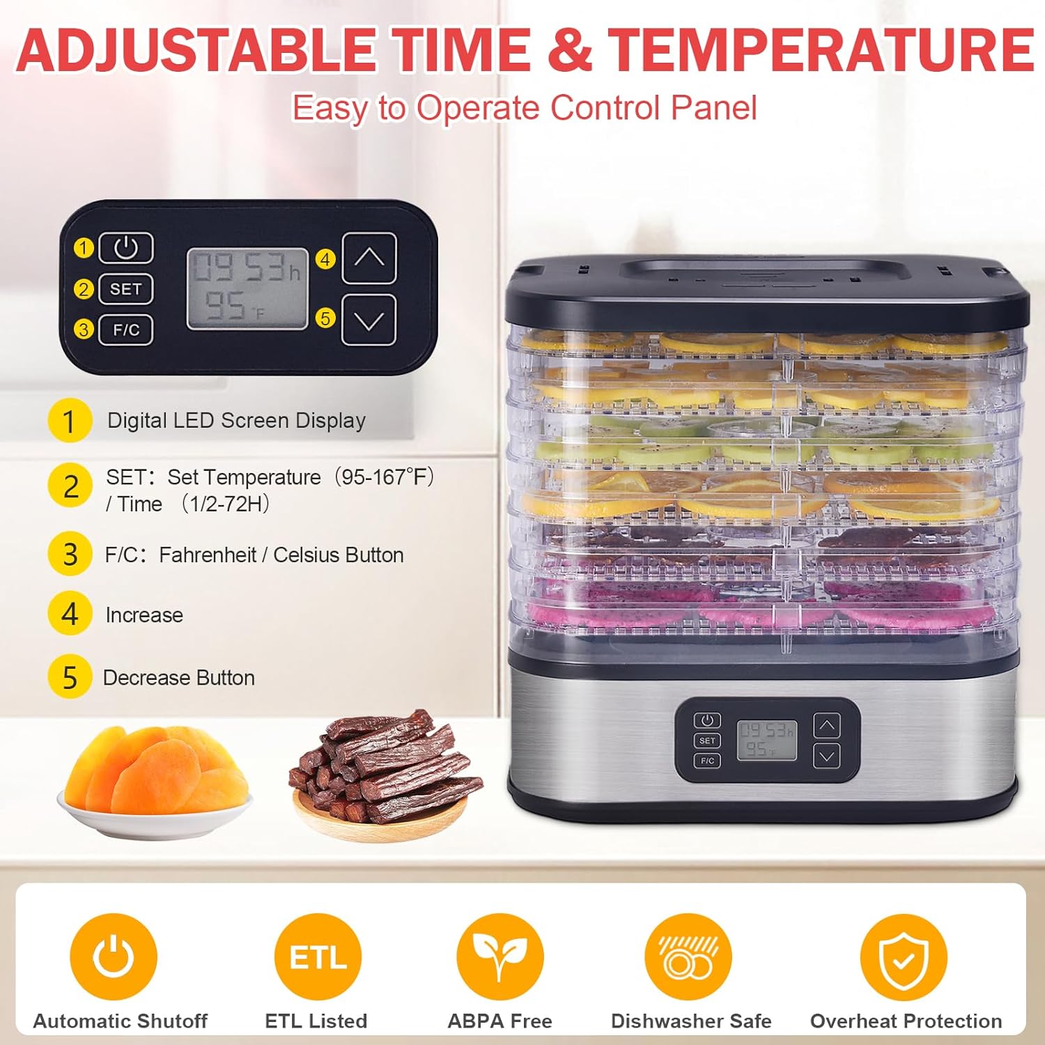 Food Dehydrator, 6 Trays Dehydrator with 72H Timer  95-167℉ Temperature Control  LED Display, Dehydrators for Food and Jerky, Fruits, Herb, Veggies, Pet Treat, BPA-Free, Recipe Book Included