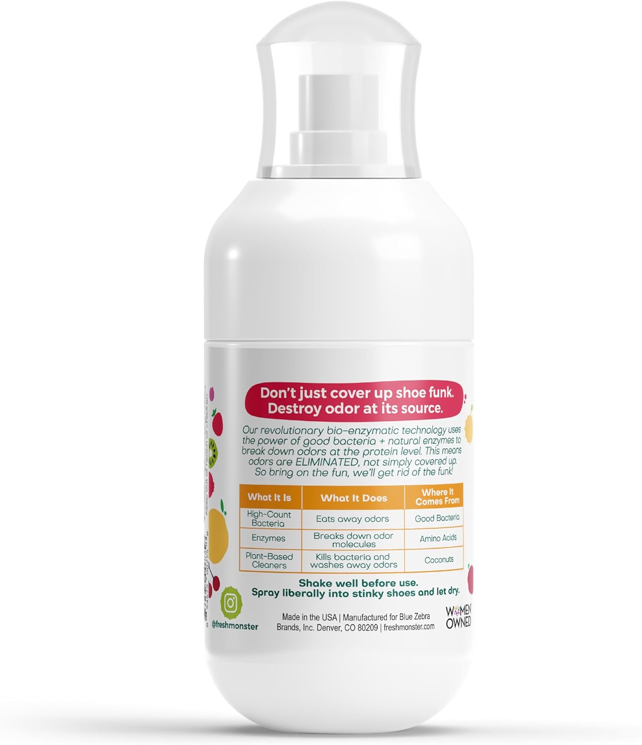 FRESH MONSTER Deodorizing Shoe Spray for Kids  Teens, Shoe Deodorizer Spray with All-Day Odor Protection, Bio-Enzyme Technology, Eliminates Odors, Fruity Fresh, 4 oz
