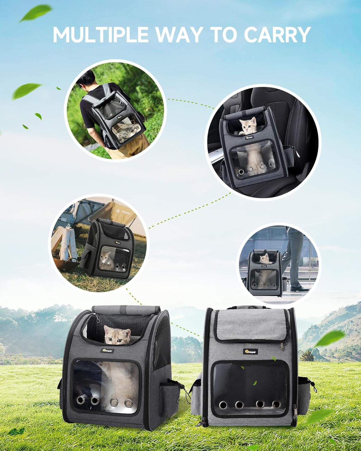 HOOPET Cat Backpack Carrier, Small and Medium Dogs and Cats Bags,Expandable Pet Carrier Backpack,Airline Approved,Suitable for Hiking/Travel/Camping, Etc, Foldable, Easy to Carry (Grey-02)