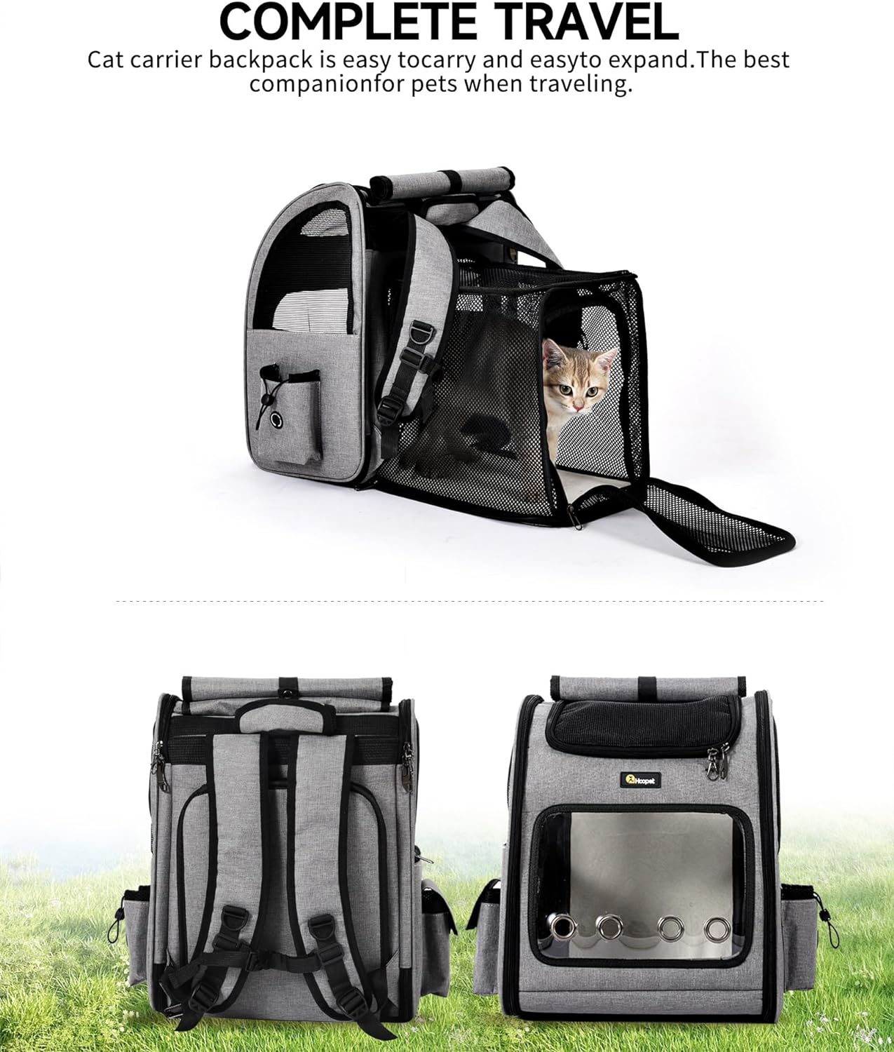 HOOPET Cat Backpack Carrier, Small and Medium Dogs and Cats Bags,Expandable Pet Carrier Backpack,Airline Approved,Suitable for Hiking/Travel/Camping, Etc, Foldable, Easy to Carry (Grey-02)
