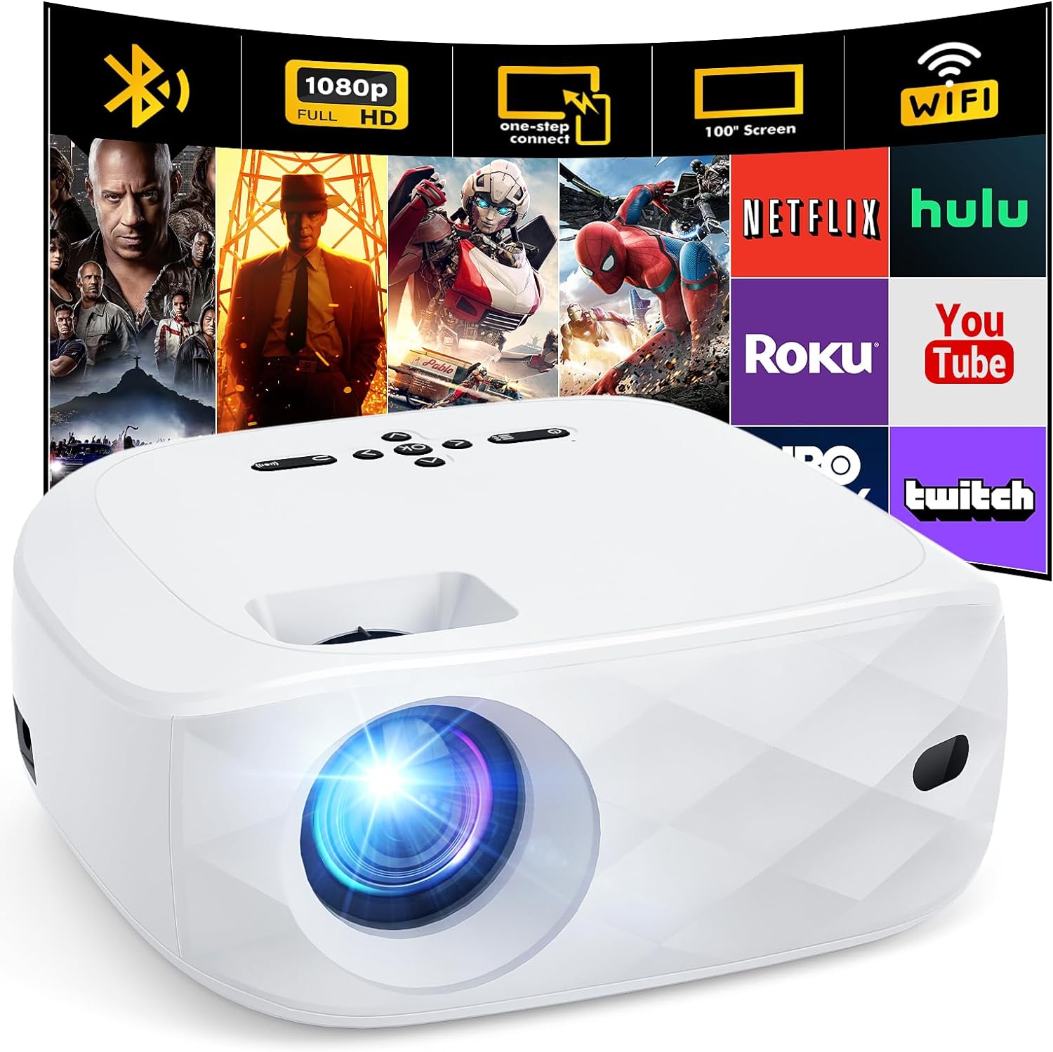 HOWWOO 4K Projector with WiFi and Bluetooth, One-step Mirroring Portable Projector for Phone, Native 1080P Mini Projector with 100 Outdoor Projector Screen, Compatible with Phone/Laptop/TV Stick/PS5