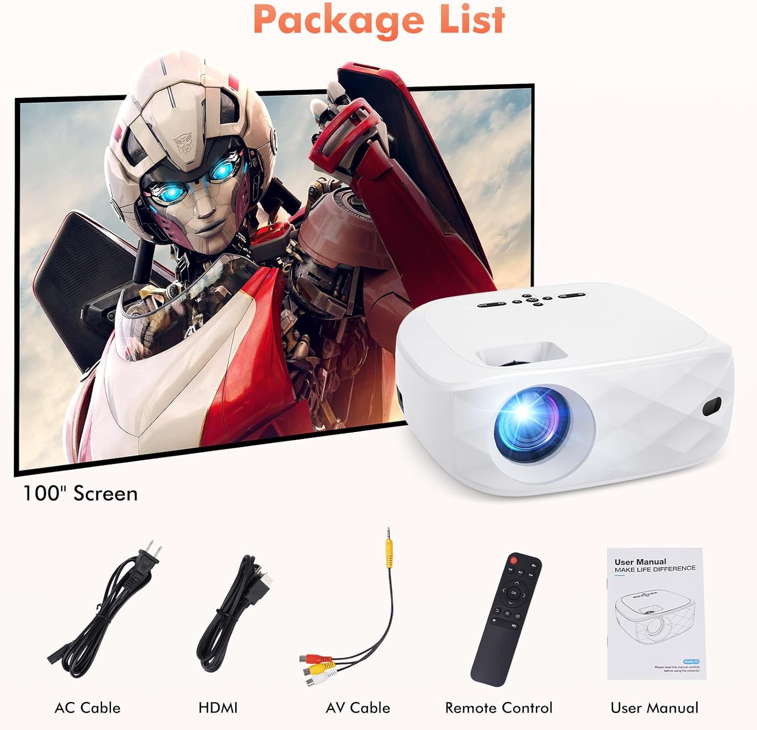 HOWWOO 4K Projector with WiFi and Bluetooth, One-step Mirroring Portable Projector for Phone, Native 1080P Mini Projector with 100 Outdoor Projector Screen, Compatible with Phone/Laptop/TV Stick/PS5