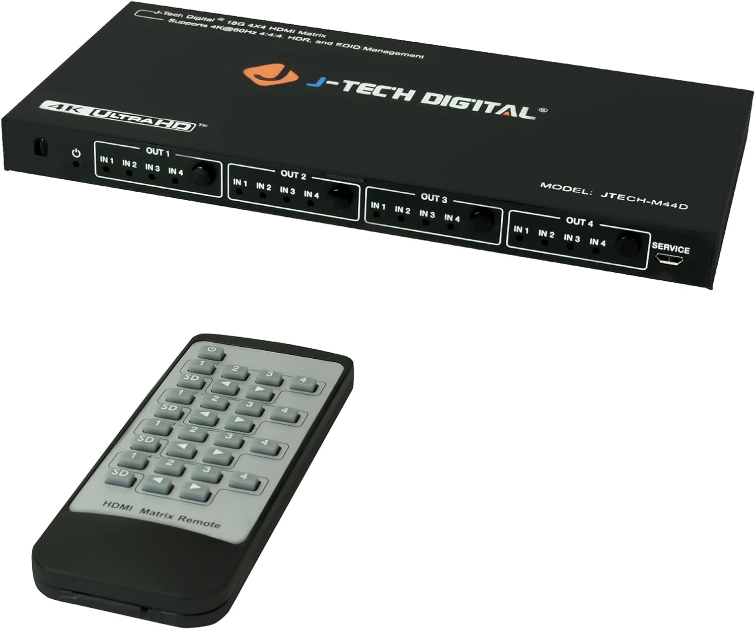 J-Tech Digital 4K 60Hz 4x4 HDMI Matrix Switch with Downscaler EDID HDCP 2.2 HDMI 2.0 [JTECH-M44D]