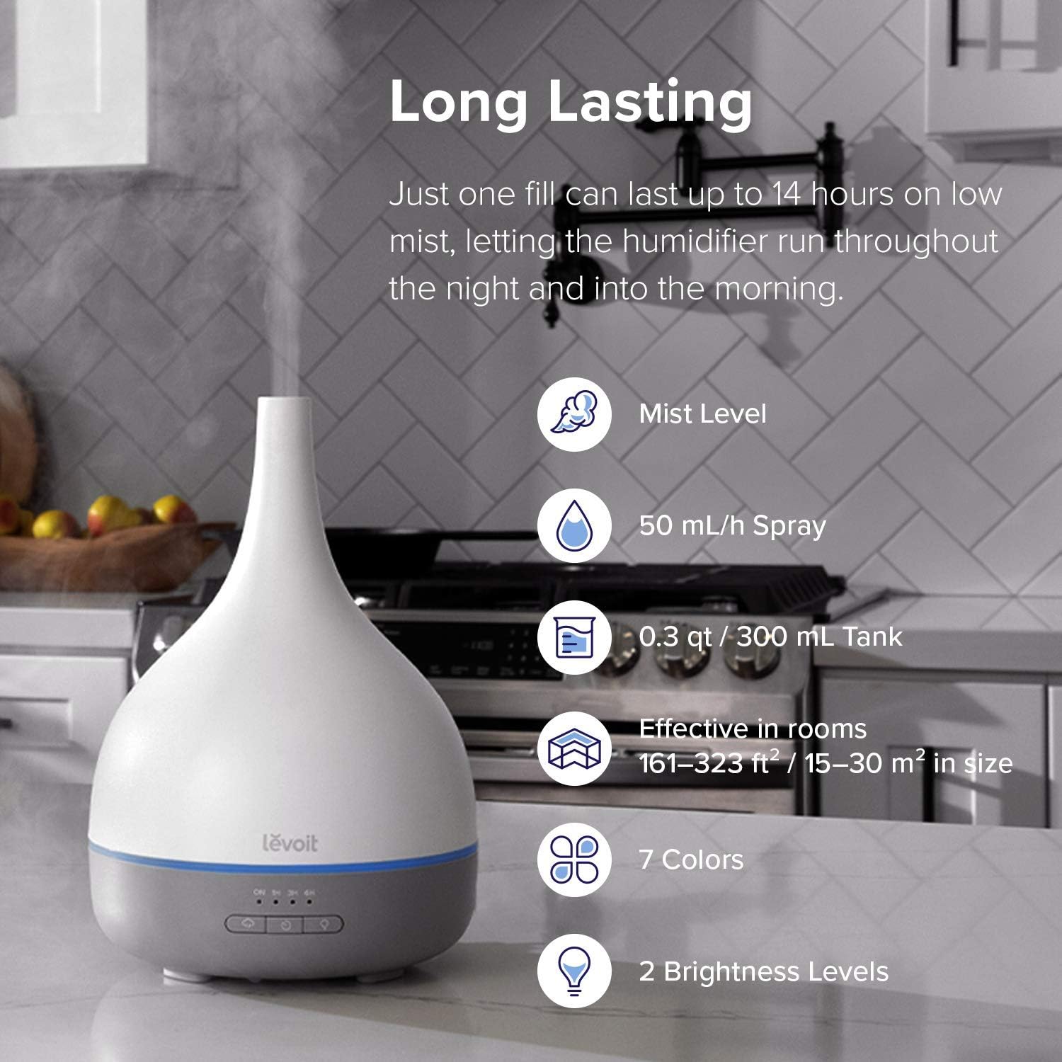 LEVOIT Essential Oil Diffuser, Aromatherapy Diffuser for Essential Oils, Cool Mist Humidifier,300ml Aroma Diffuser with 7 Color Lights  Timer, Auto Shut-off, BPA Free for Home Office Bedroom