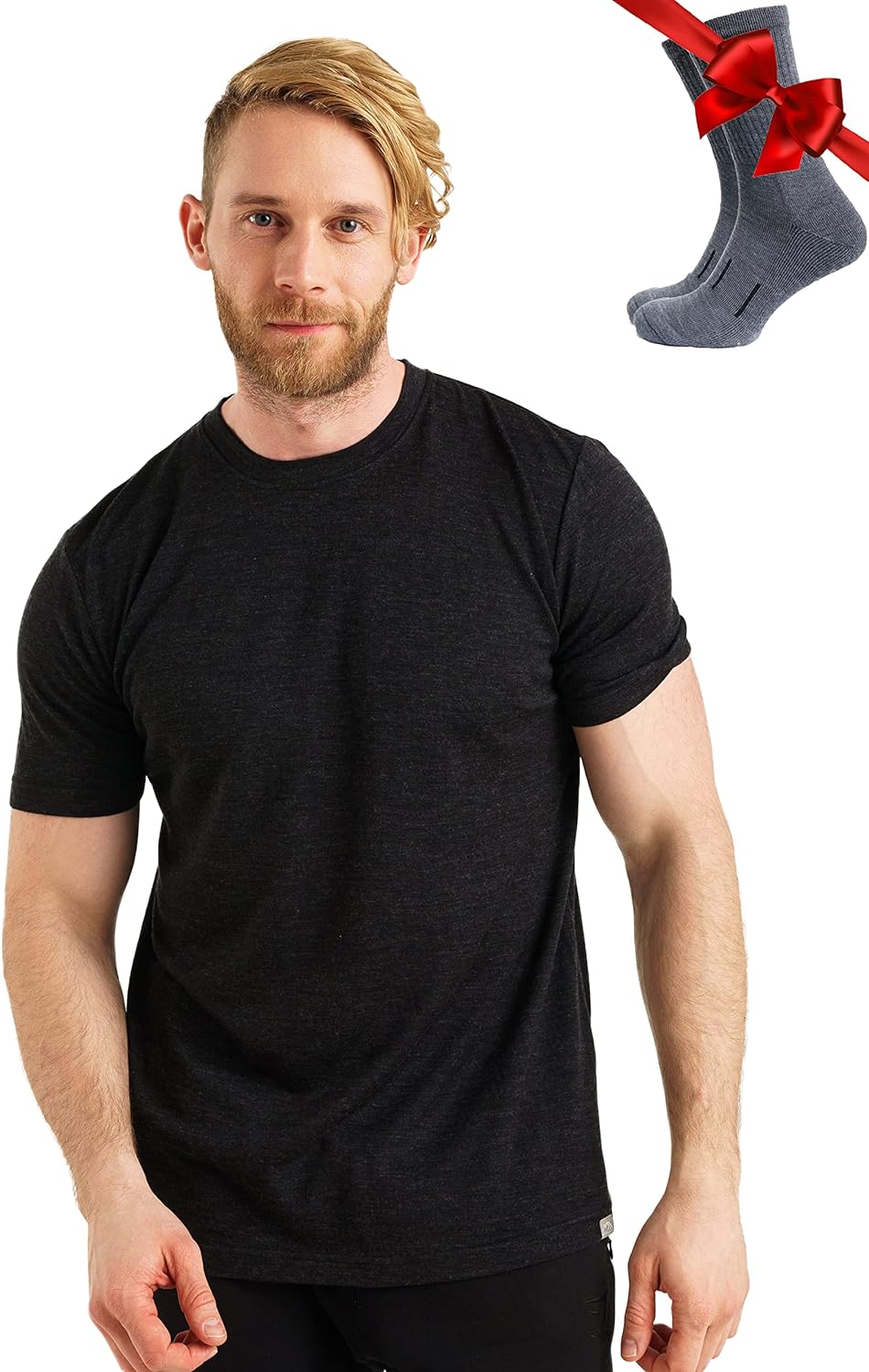 Merino.tech Merino Wool T-Shirt Mens - 100% Organic Merino Wool Undershirt Lightweight Base Layer + Hiking Wool Socks