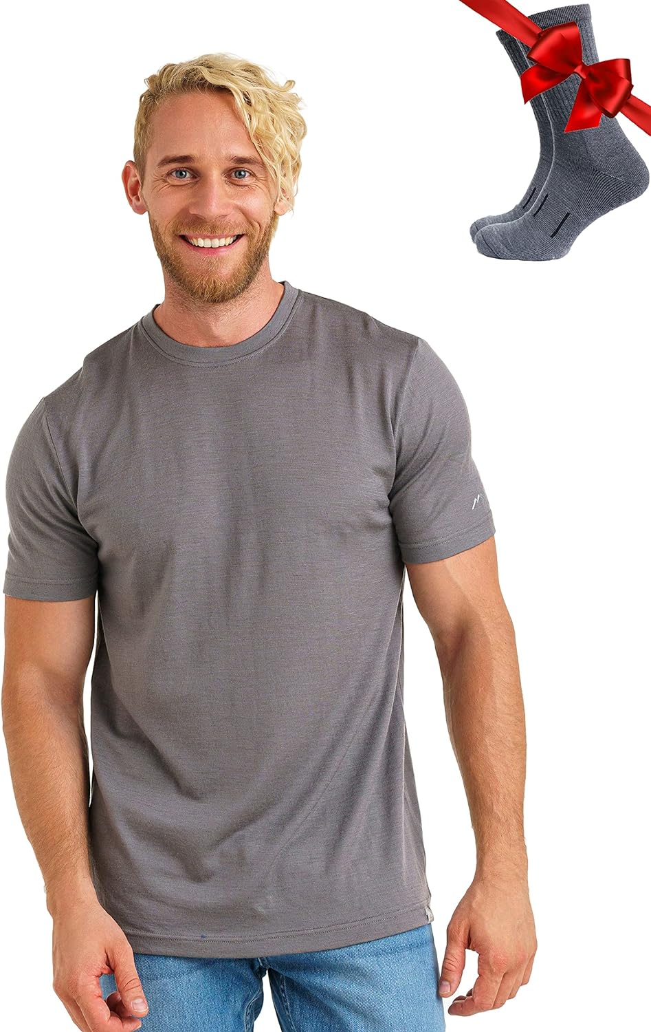 Merino.tech Merino Wool T-Shirt Mens - 100% Organic Merino Wool Undershirt Lightweight Base Layer + Hiking Wool Socks