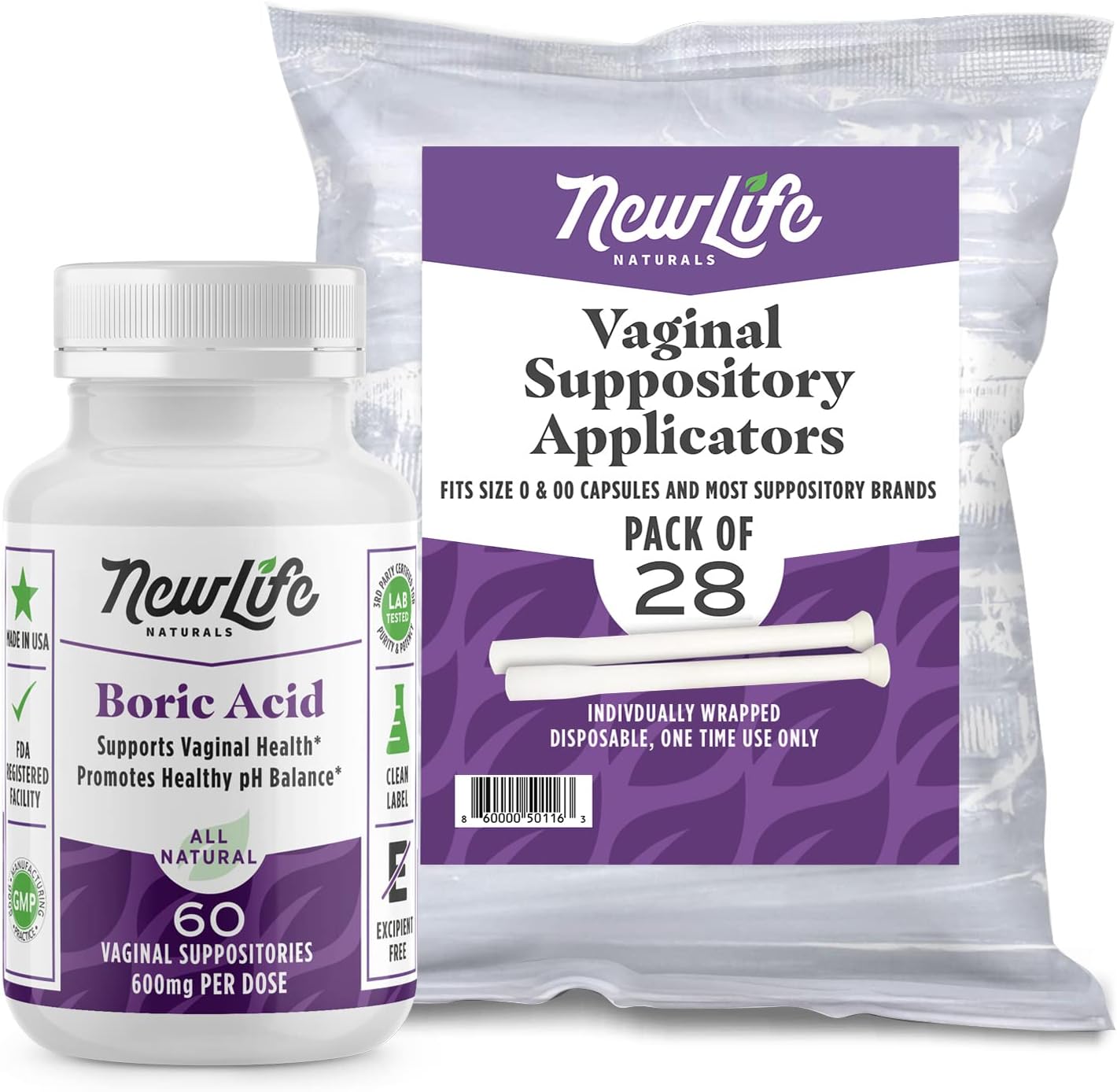 NewLife Naturals Boric Acid Vaginal Suppositories 600mg (60 Pack) with 28 Applicators - for pH Balance, Feminine Health and Intimate Wellness - Made in USA