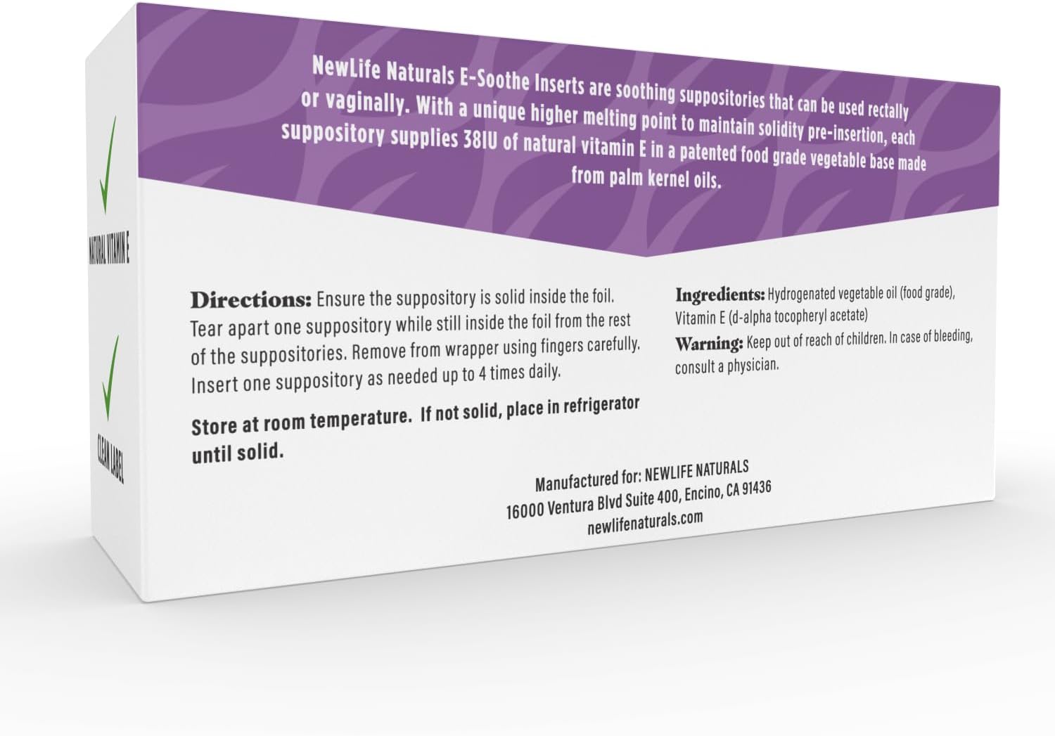 NewLife Naturals Vitamin E Suppositories 38IU - Vaginal Dryness Irritation Menopause Atrophy Relief - All Natural Estrogen Free Feminine Care - 24 Inserts