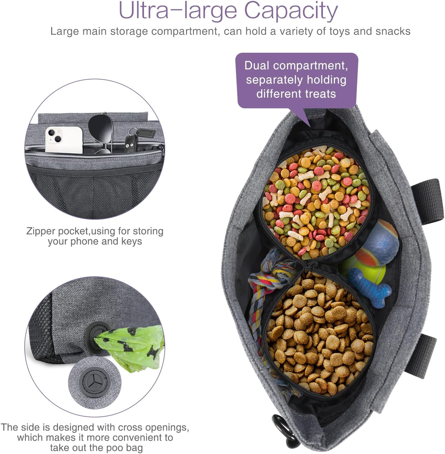 ORIA Dog Treat Training Pouch, Portable Dog Treat Bag, Snack Bag for Pets, Removable Inner Pocket, Built-in Poop Bag Dispenser, Gray