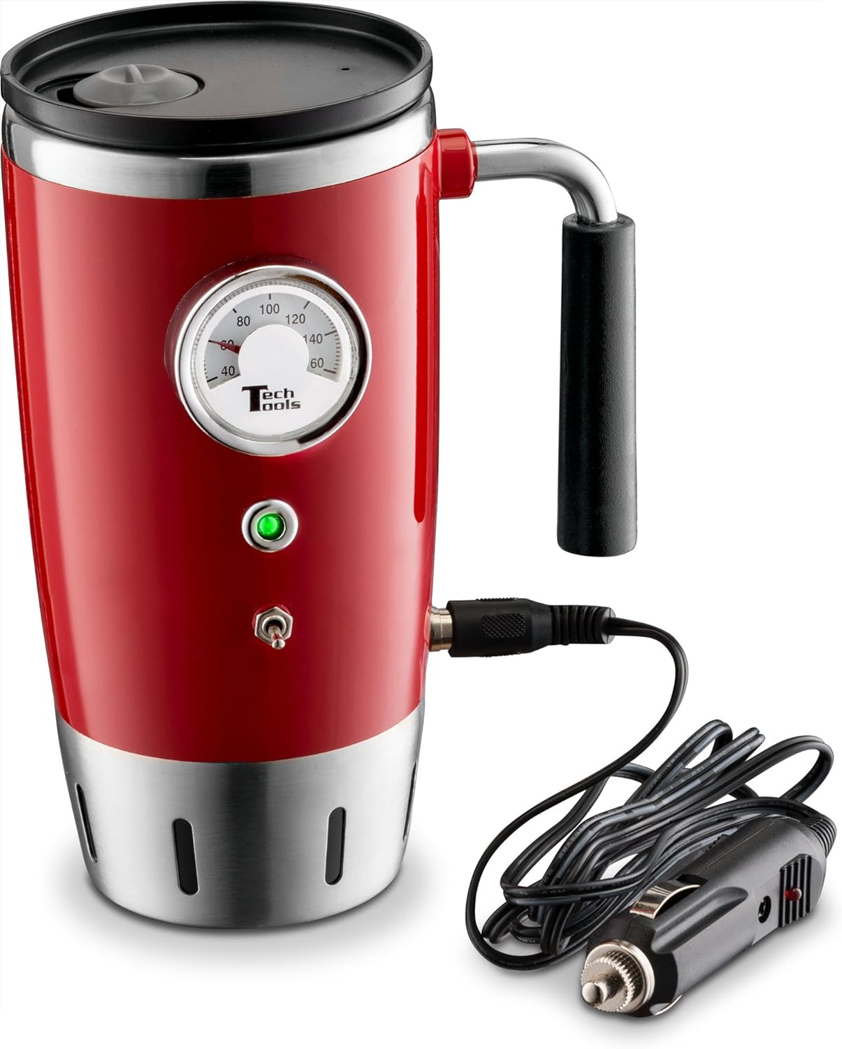 Tech Tools Heated Car Travel Mug - Keeps Your Bevrege Hot - Retro Style - Stainless Steel 12 Volts (Red)