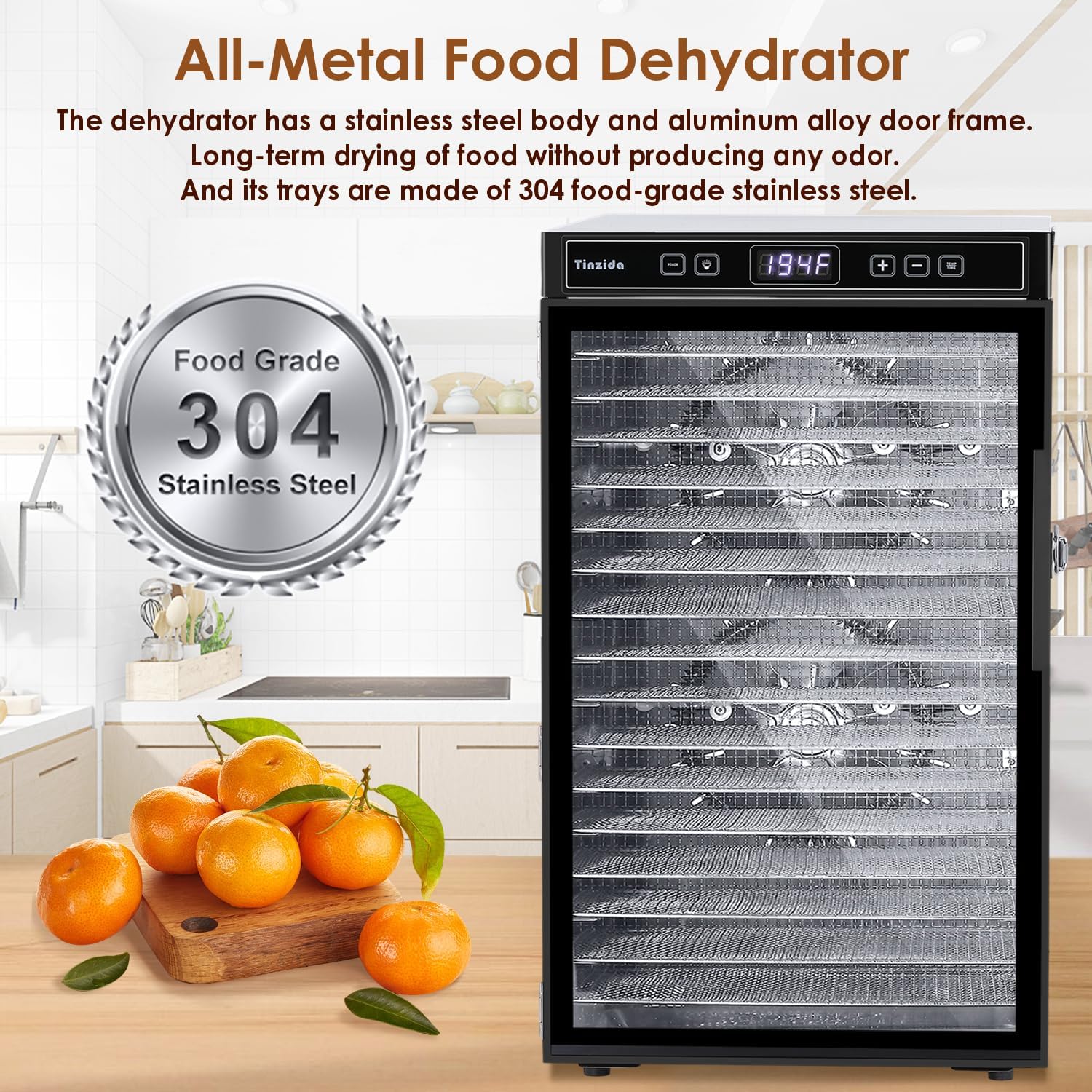 Tinzida Food Dehydrator Machine, 12 Stainless Steel Trays, Dehydrators For Jerky, Meat, Fruit, Pet Treats, Vegetables, Herb, 194ºF Temperature Control, 24H Timer, Safety Over-Heat Protection