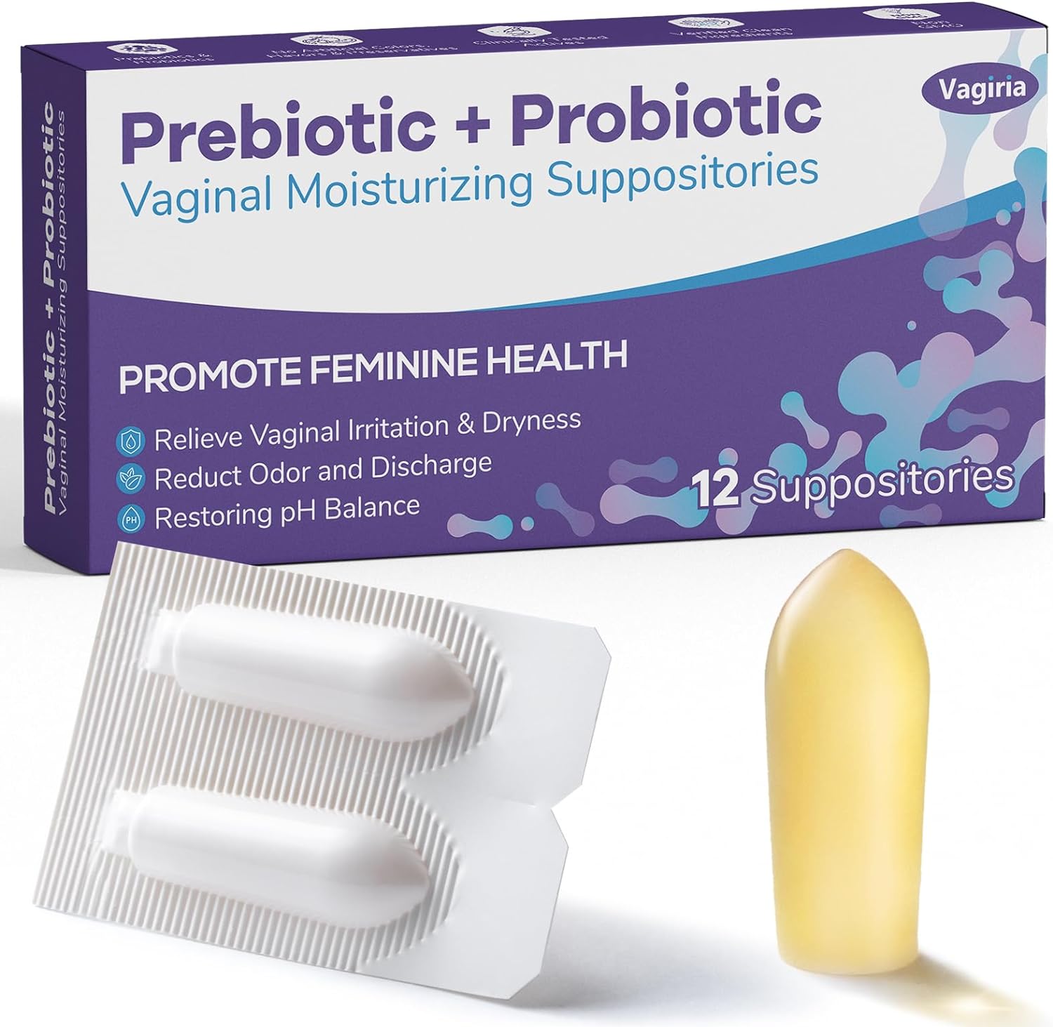 Vaginal Probiotic Suppositories, Prebiotic Infused with Hyaluronic Acid, Tea Tree, and Vitamin CE, pH Balance Support Formula Fights Dryness, Odor and Discomfort, Restore Feminine Health(12 Counts)