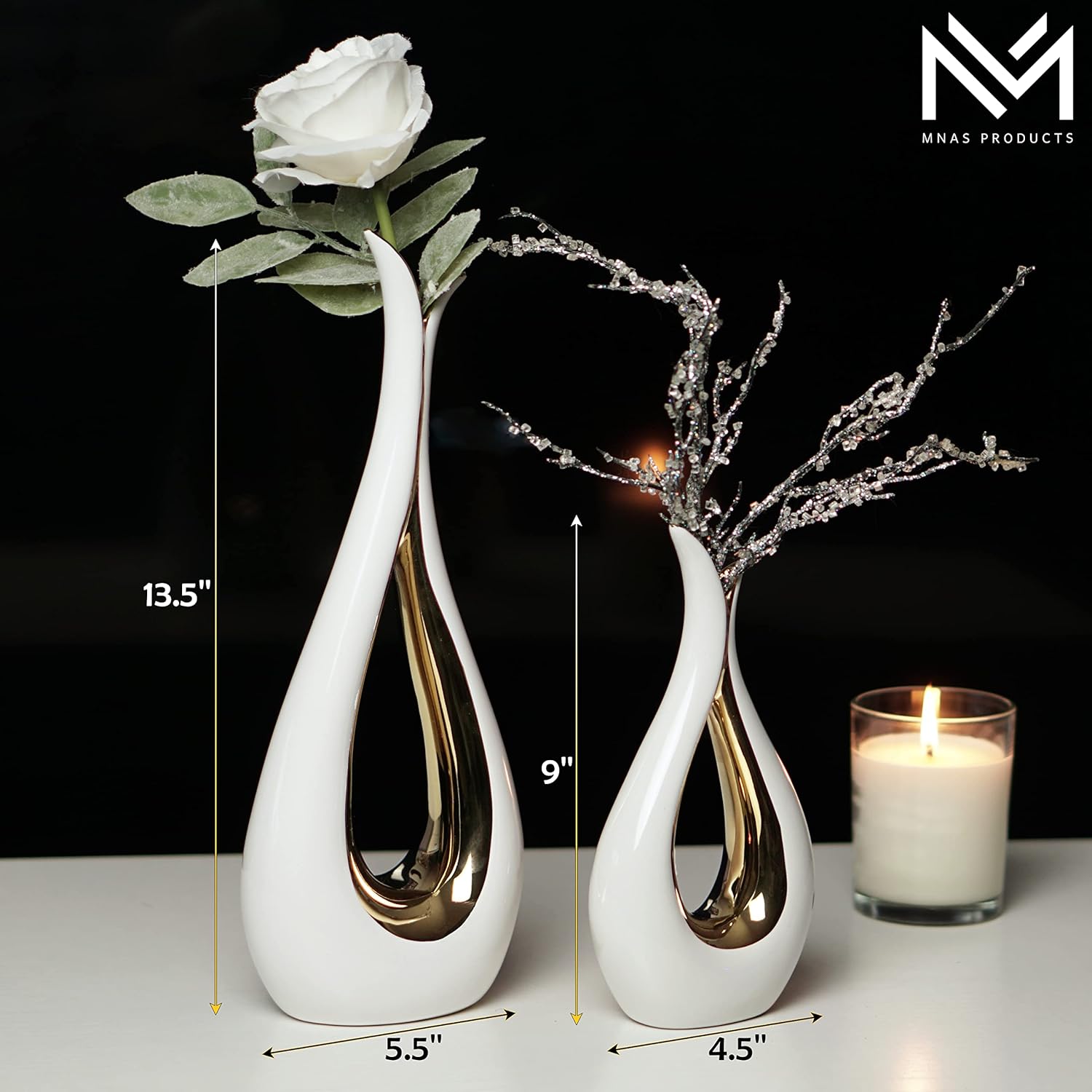 White Ceramic Decorative Vases, Set of 2, Nordic, Modern, Minimalist Design, for Home Decor, Bedroom, Weddings, Restaurants, Office and More