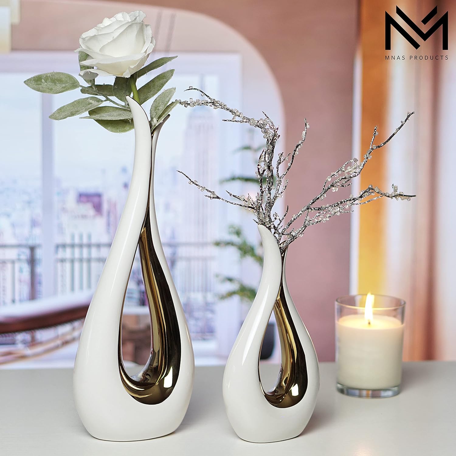 White Ceramic Decorative Vases, Set of 2, Nordic, Modern, Minimalist Design, for Home Decor, Bedroom, Weddings, Restaurants, Office and More