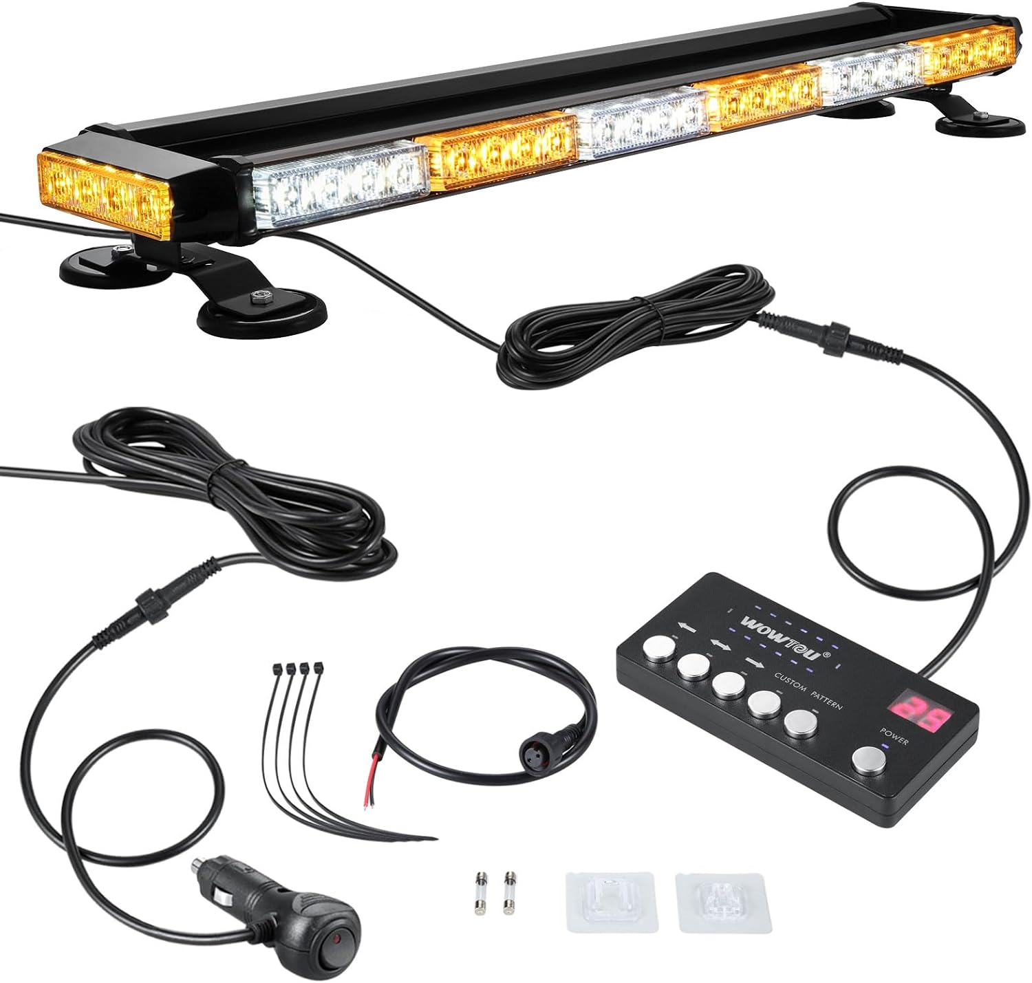 WOWTOU Rooftop Safety Flashing 56 LED Amber White Emergency Light Bar with Controller for Construction Vehicles Tow Trucks Snow Plows, Strong Magnetic Strobe Beacon Lights