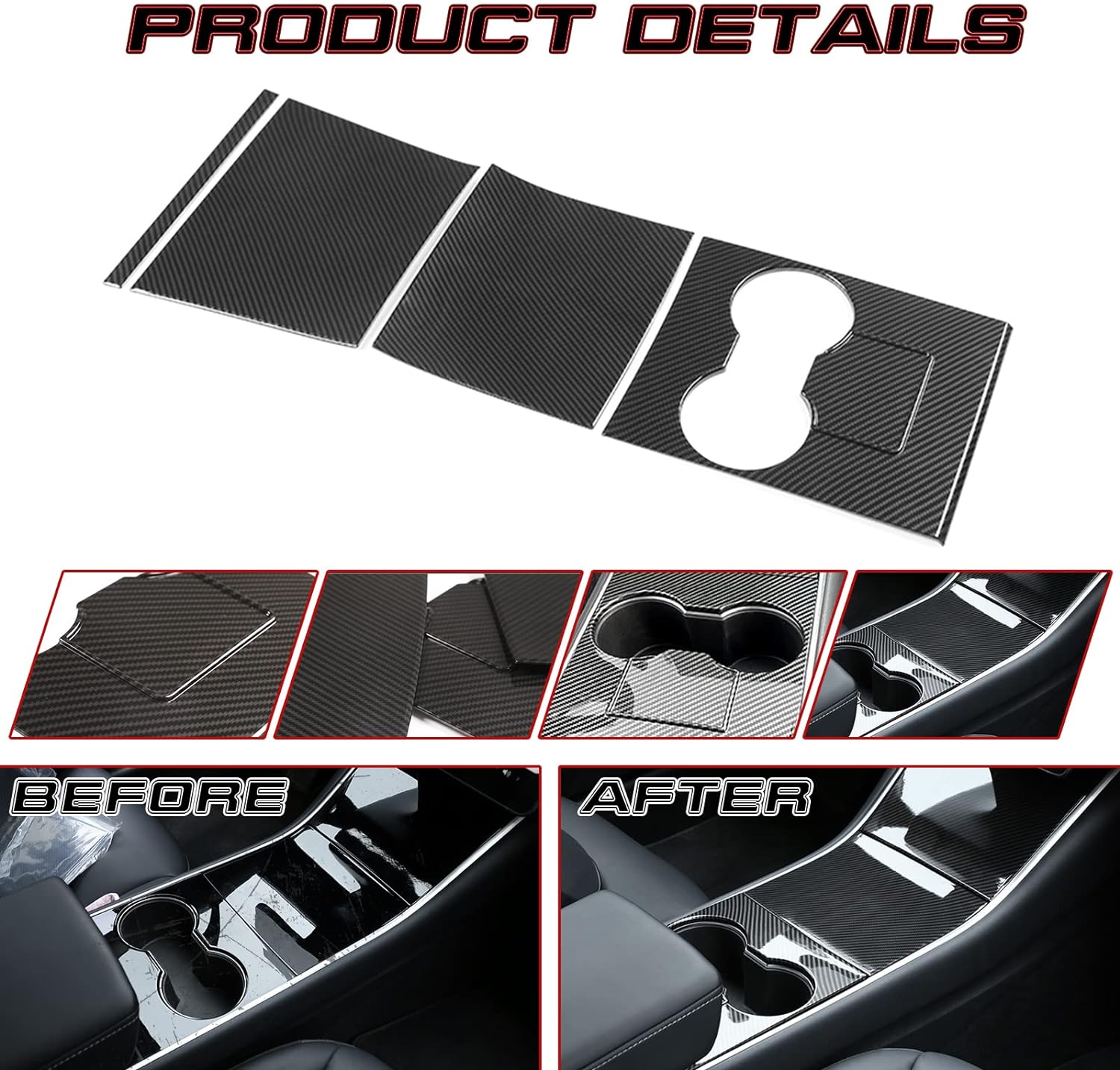 Xotic Tech Center Console Wrap Water Cup Holder Panel Cover Kit, Carbon Fiber Pattern, Compatible with Tesla Model 3 Model Y 2017-2020