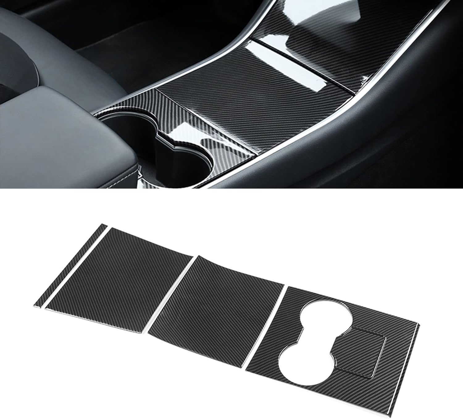 Xotic Tech Center Console Wrap Water Cup Holder Panel Cover Kit, Carbon Fiber Pattern, Compatible with Tesla Model 3 Model Y 2017-2020