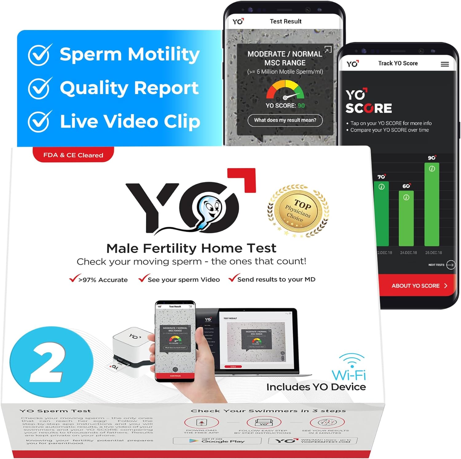 YO Home Sperm Test | at-Home Fertility Test Kit for Men | Check Motile Sperm Concentration with 97% Accuracy | Fast Results Using Your Smartphone | Includes 2 Tests | Private, Convenient, Easy to Use