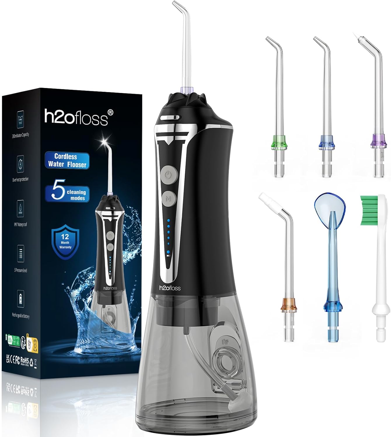 H2ofloss Water Flosser Cordless Professional Dental Oral Irrigator, Portable  Rechargeable Teeth Cleaner Picks 300ML IPX7 Waterproof Waterflosser Flossing Machine for Home Travel