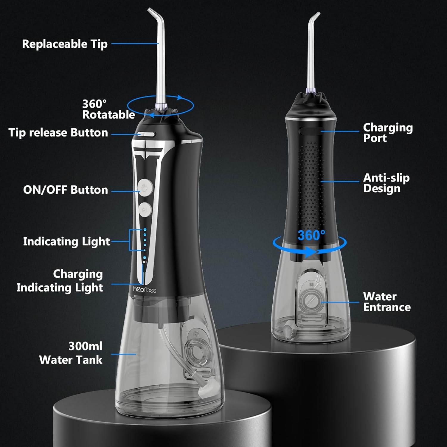 H2ofloss Water Flosser Cordless Professional Dental Oral Irrigator, Portable  Rechargeable Teeth Cleaner Picks 300ML IPX7 Waterproof Waterflosser Flossing Machine for Home Travel