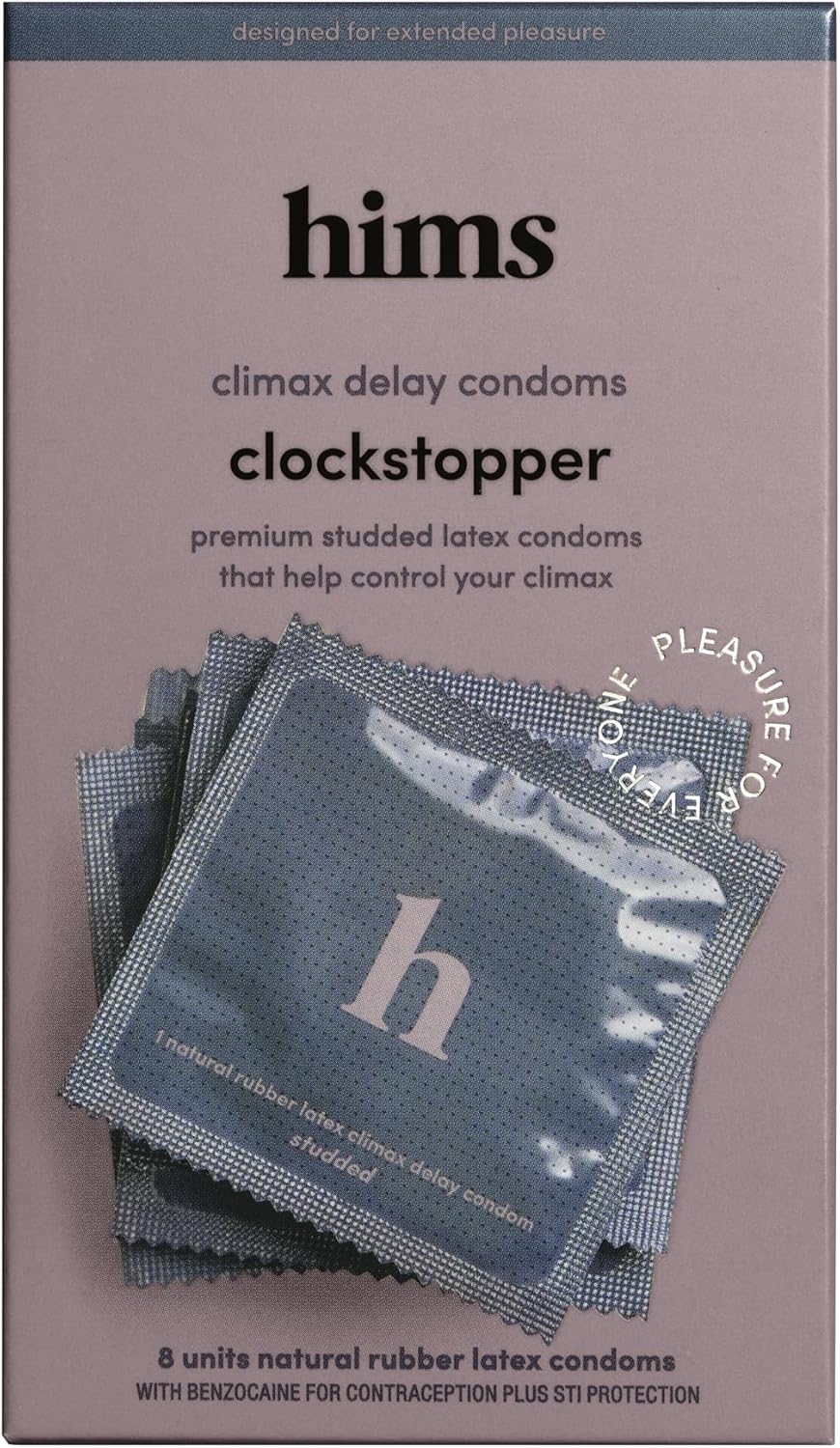 hims Clockstopper Climax Delay Condoms - 4.5% Benzocaine Lubricated Studded Condoms - Numbing Spray Alternative - Reduce Sensitivity, Last Longer in Bed - 8 Pack