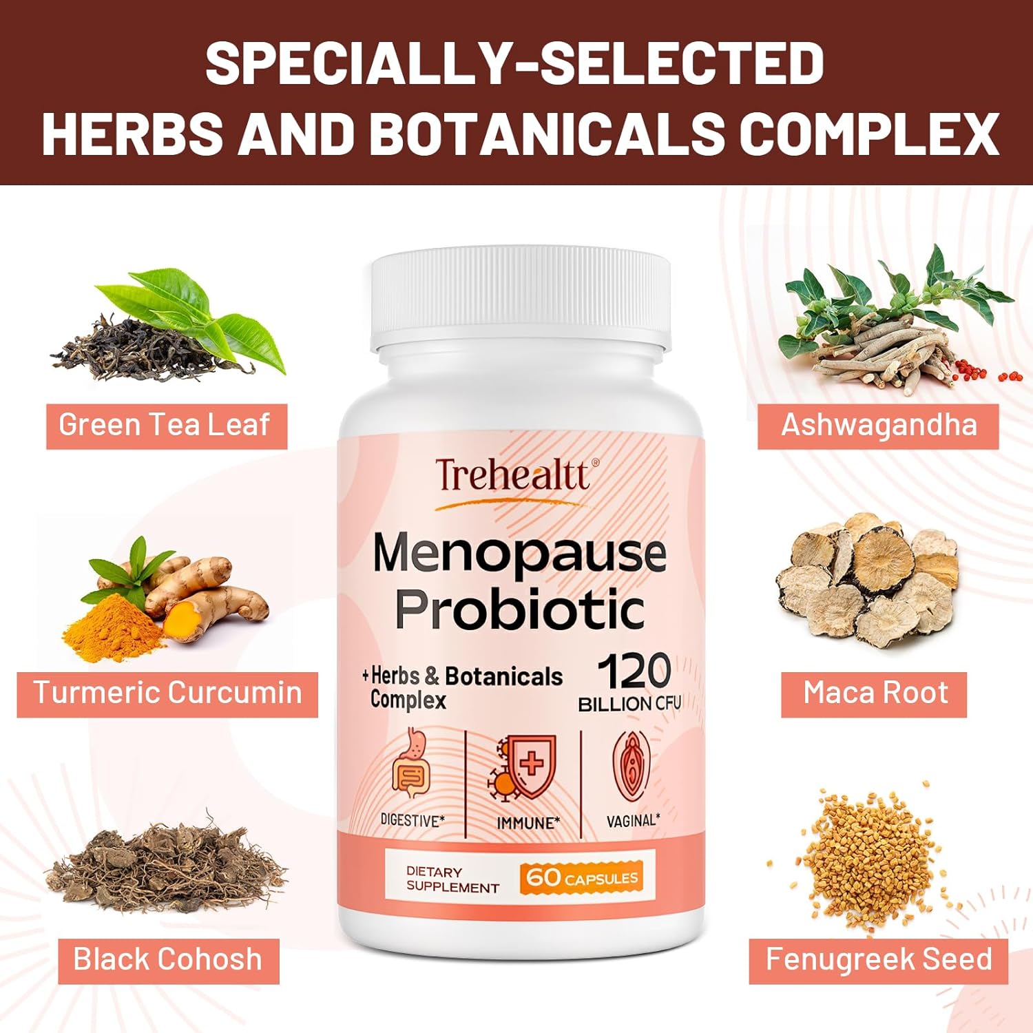 Menopause supplements for women, 120 Billion CFU Probiotic, 13-in-1 Herbs  Botanicals Complex, for Hormone Menopause, Hot Flashes, Night Sweats, Mood Swings, Sleep Disturbances, Vegan, 60 Capsules