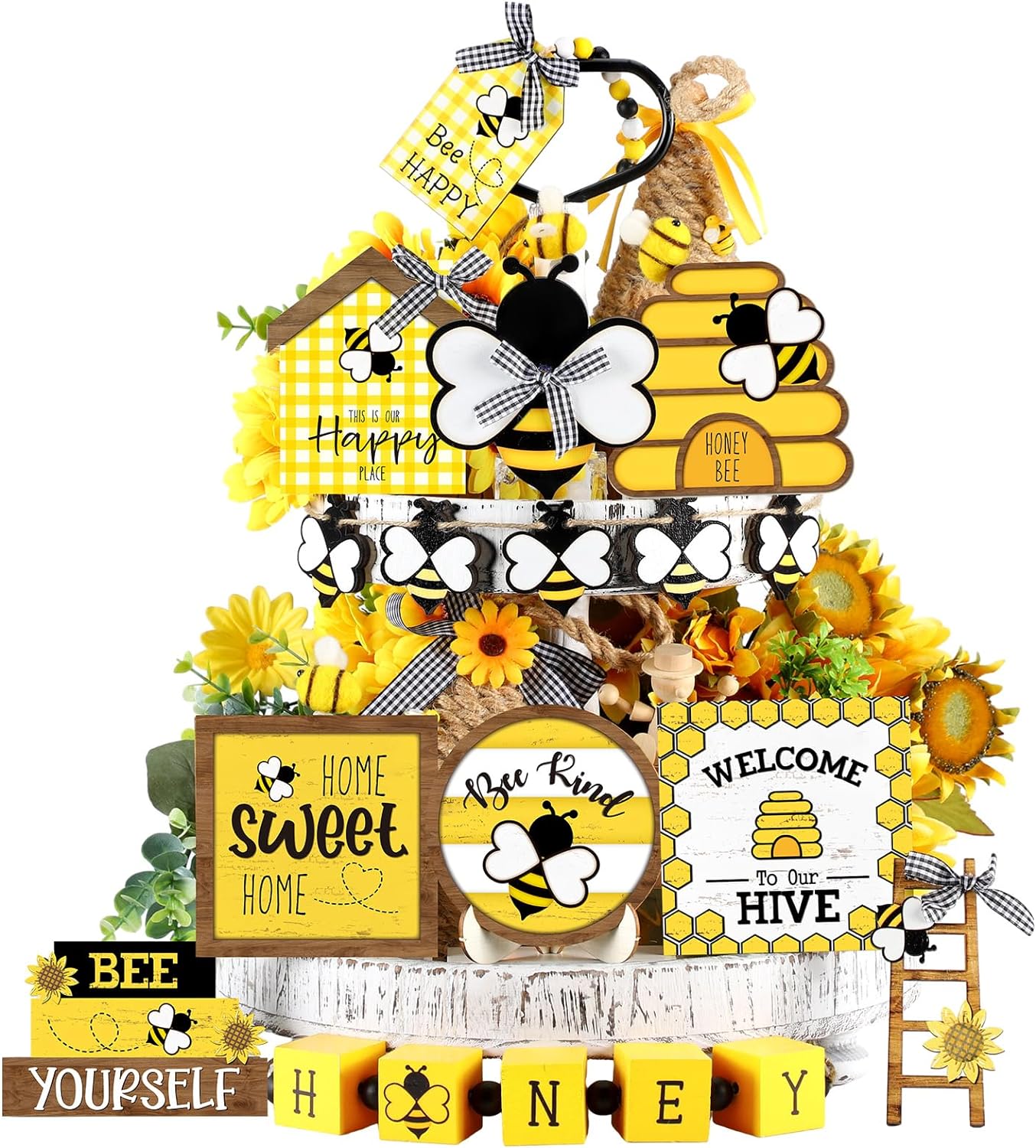 Mifoci 15 Pcs Bee Tiered Tray Decor Summer Tiered Tray Decorations Set Honeycomb Decor Honey Bee Wooden Signs Rustic Farmhouse Bee Kitchen Decor for Home Table Shelf Decorations
