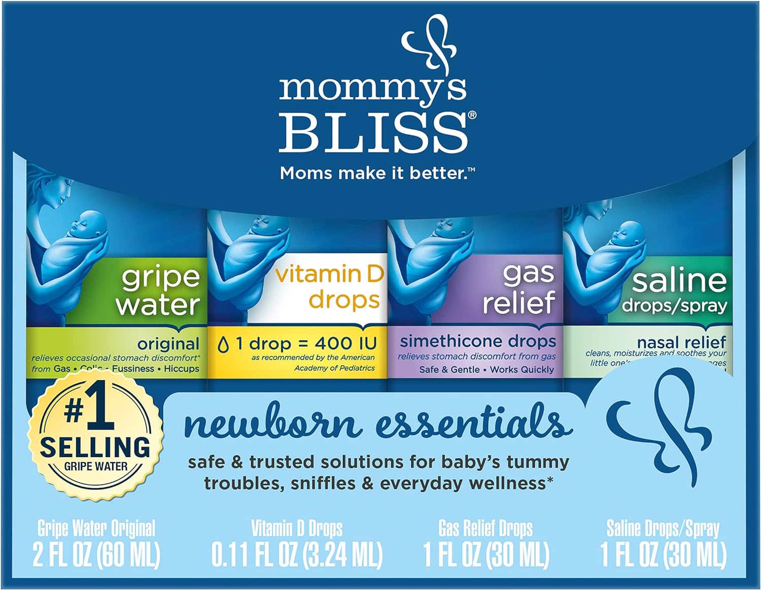 Mommys Bliss Newborn Essentials Gift Set, Includes Gripe Water, Baby Vitamin D/Gas Drops and Gentle Saline Drops/Spray