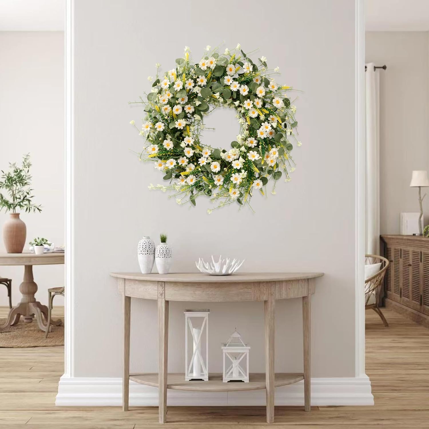 Sggvecsy White Daisy Wreath 24 Inch Spring Summer Wreath Fake Silk Floral Wreath with Green Eucalyptus Leaves and Lavender for Front Door Window Wall Wedding Farmhouse Festival Decor
