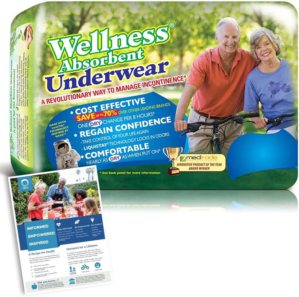Unique Wellness Absorbent Underwear (Pull-Ups) Pack Bundled with Olbos Health Card - Size Medium (19–30 Waist) 16 Count