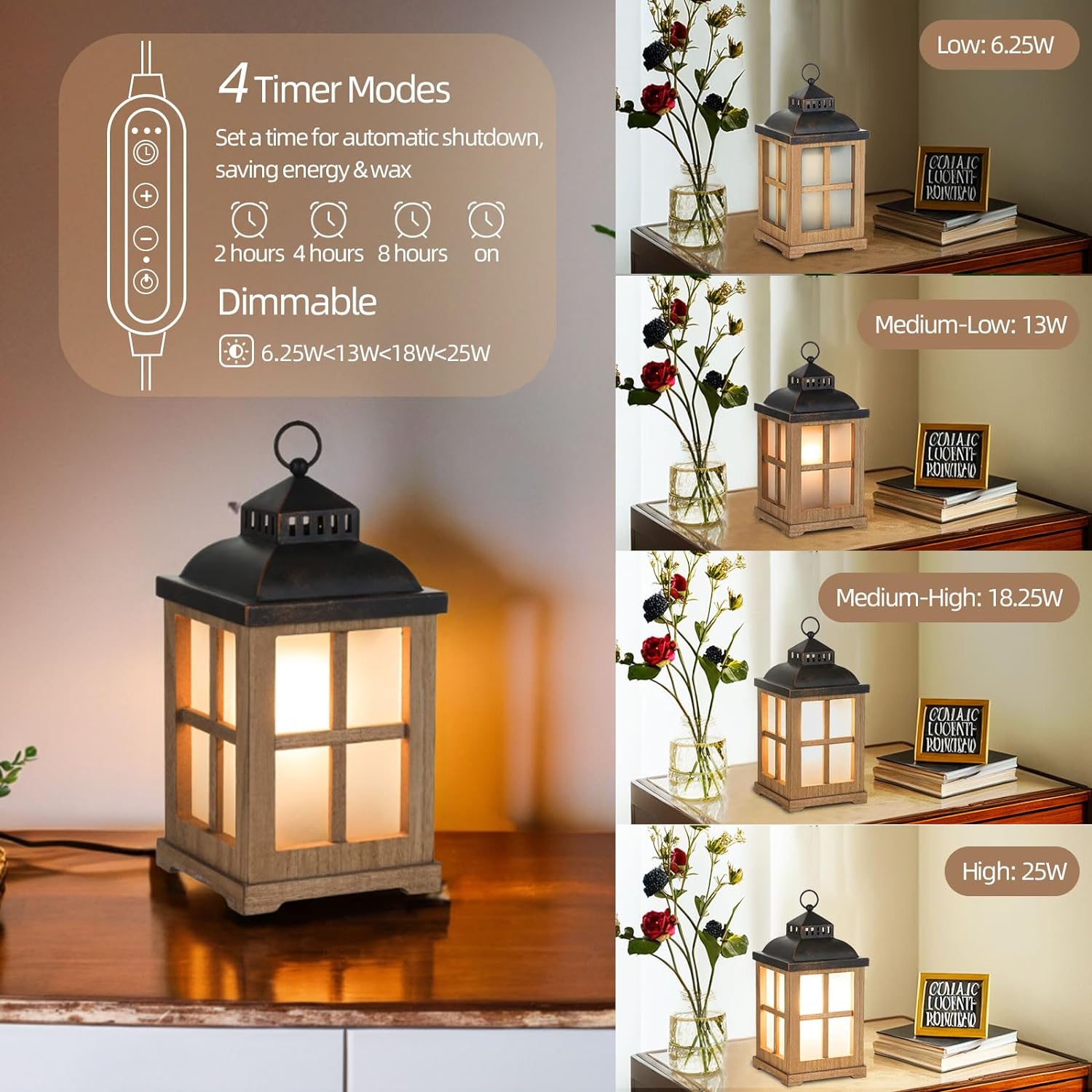 Wax Melt Warmer with Timer - 2 in 1 Farmhouse Scented Decorative Candle Warmer Lantern with Lid for Home Decor, 8 Rustic Medium Electric Cute Fragrance Wax Cubes Tarts Burners