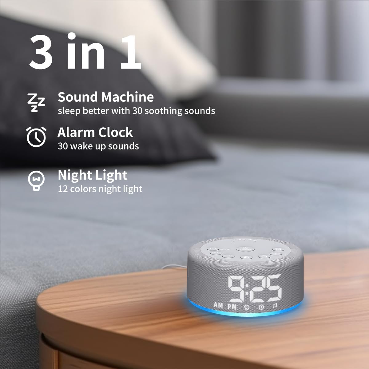 【3 in 1】Sound Machine Alarm Clock Night Light White Noise Machine with 27 Sleeping Sounds for baby Kids Adults 32 Level Volume Auto Off Timer Memory Function Digital Clock with 30 Wake Up Sounds