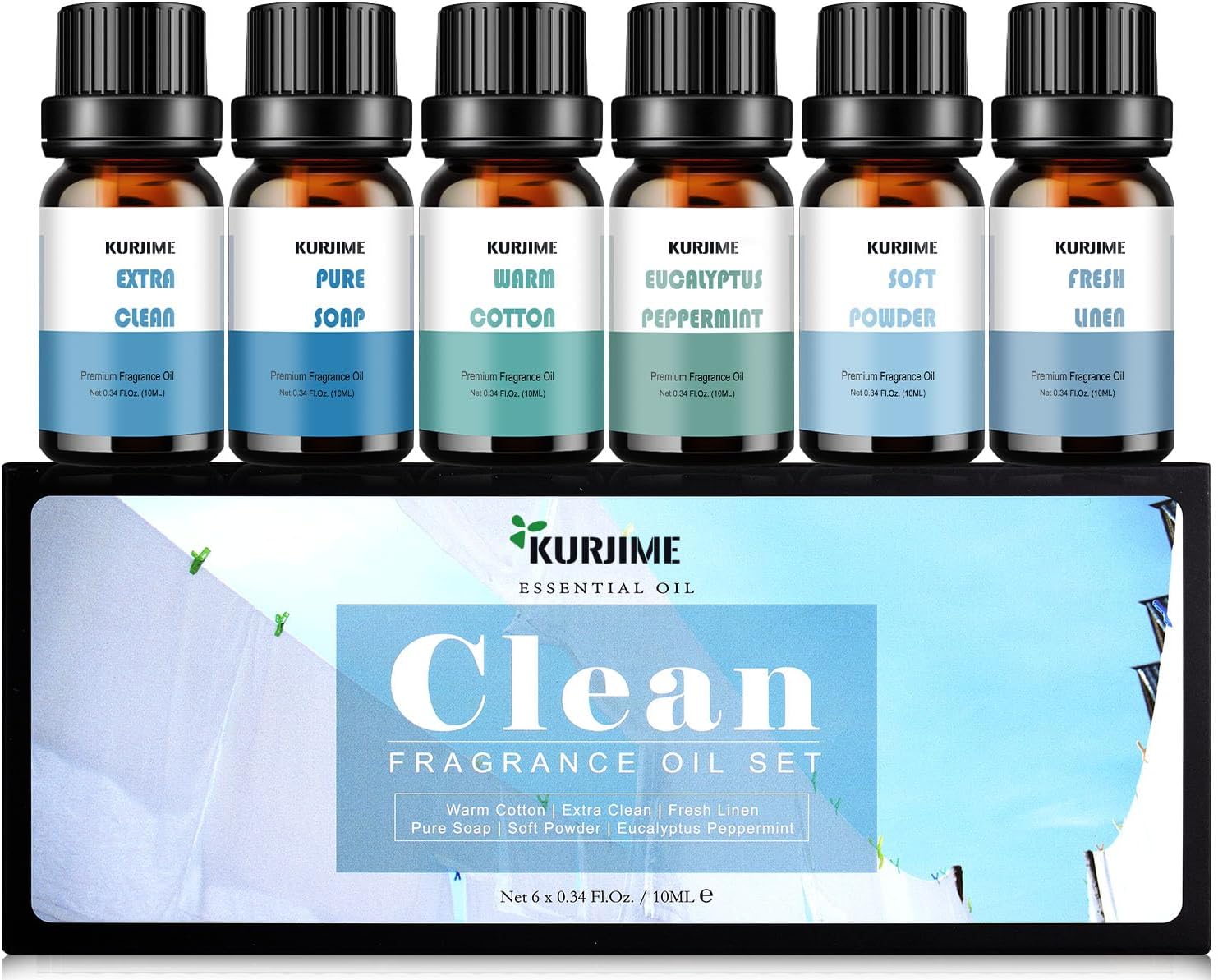Essential Oils Set, Clean Scents Fragrance Oil Essential Oils for Diffuser Aromatherapy | Fresh Linen, Extra Clean, Warm Cotton, Soft Powder, Pure Soap, Eucalyptus Peppermint, 6x10ml