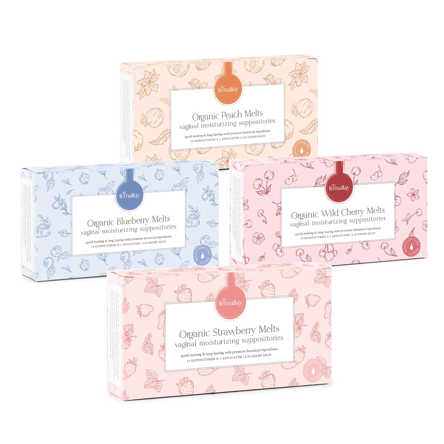 Femallay Country Getaway Moisturizing Suppository Melt Bundle, 100% Natural Suppositories for Vaginal Odor, and Dryness, 14 Individually-Sealed, Scented Melts + 1 Applicator, 4-Pack