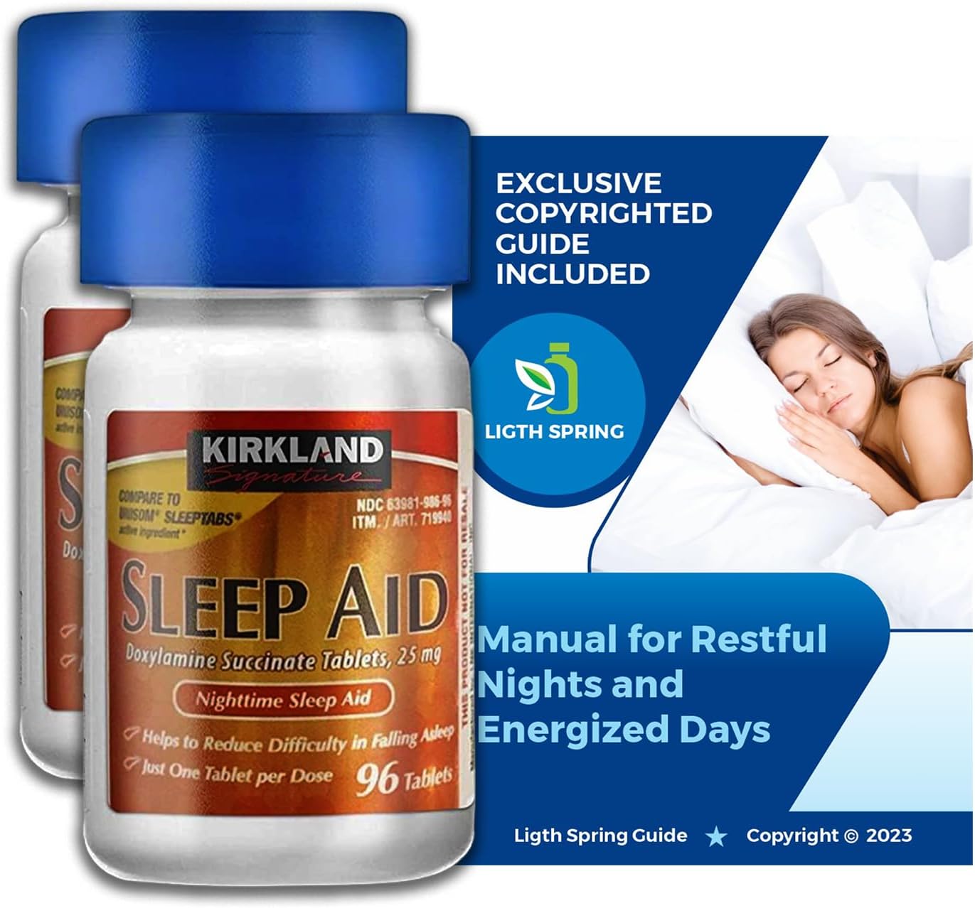 Kirkland Signature Nighttime Sleep Aid 25 mg, 96 Count (2 Pack) Bundle with Exclusive Weekly Pill Organizer + Better LightSpring Guide (4 Items)