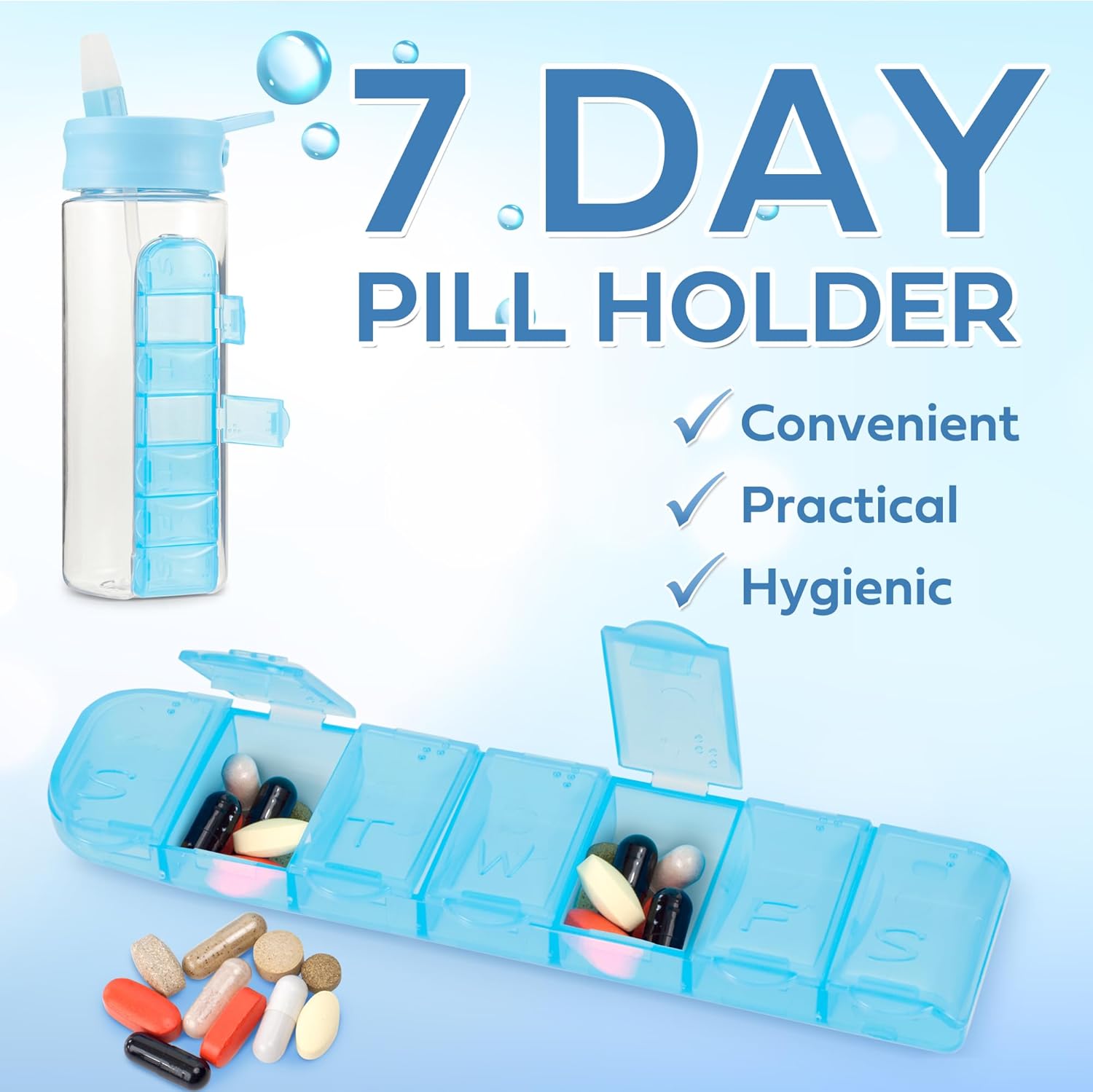 MARS WELLNESS 24 Ounce Water Bottle with Slideout Pill Box, Daily Pill Organizer - 7 Day Medicine Holder, Easy Slide Out Pill Container, Popup Straw for Hydration