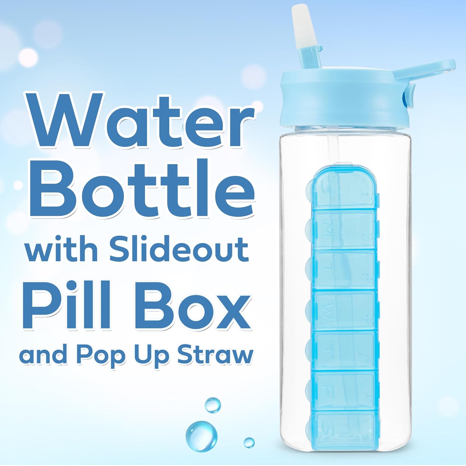 MARS WELLNESS 24 Ounce Water Bottle with Slideout Pill Box, Daily Pill Organizer - 7 Day Medicine Holder, Easy Slide Out Pill Container, Popup Straw for Hydration