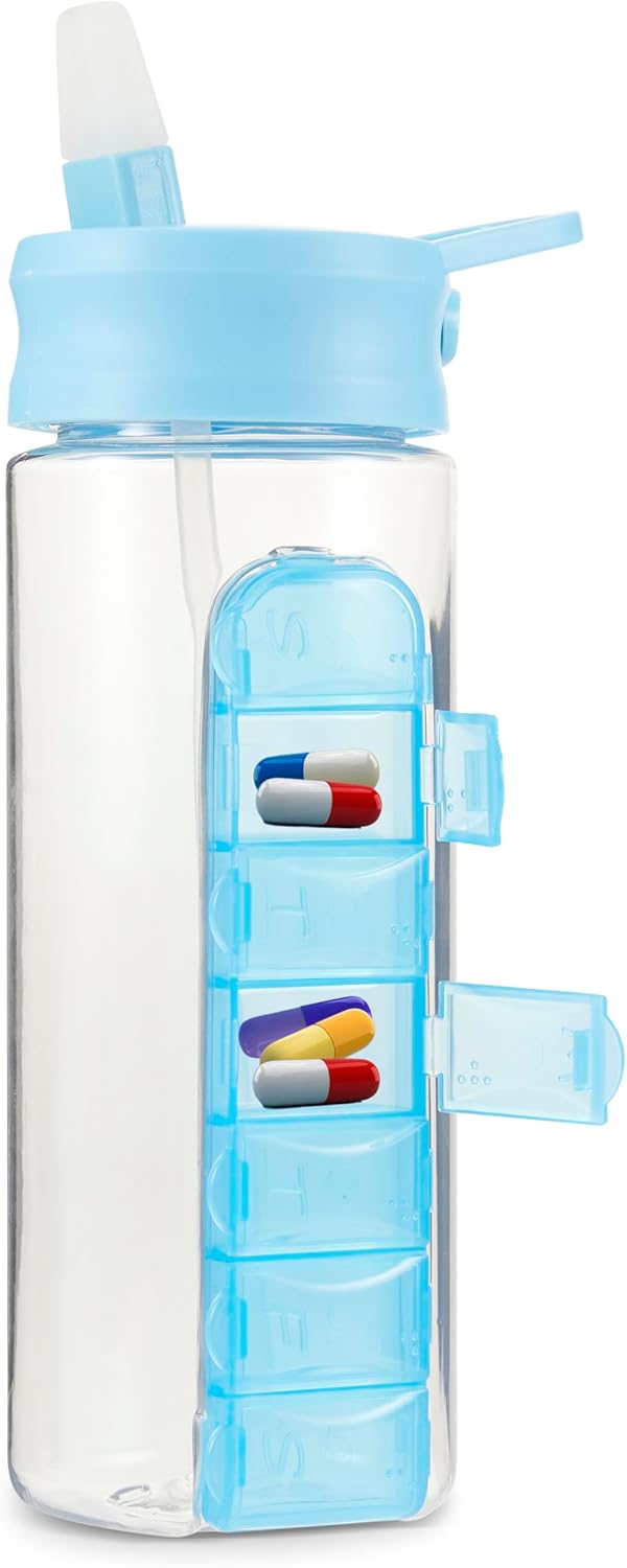 MARS WELLNESS 24 Ounce Water Bottle with Slideout Pill Box, Daily Pill Organizer - 7 Day Medicine Holder, Easy Slide Out Pill Container, Popup Straw for Hydration
