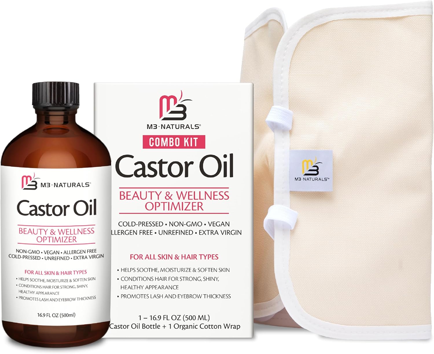 Pure Castor Oil Pack Kit - Large Hexane Free Cold Pressed Castor Oil in Glass Bottle plus Adjustable and Reusable Organic Cotton Castor Oil Wrap Kit for Detox  Wellness Practices (1 of Each)