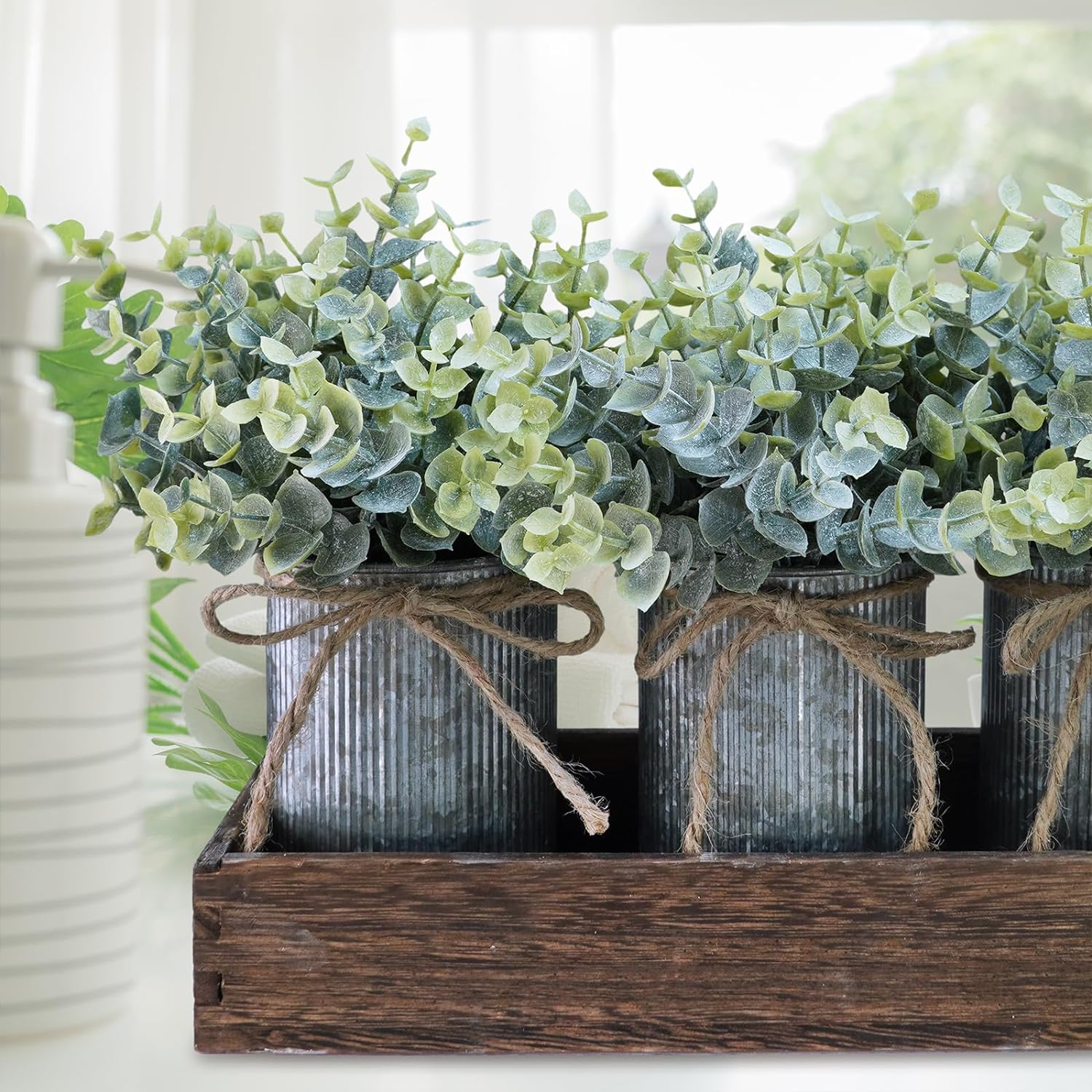 Winlyn Set of 3 Small Artificial Eucalyptus Plants Arrangement Centerpiece Faux Eucalyptus Greenery in Rustic Galvanized Metal Pots with Rectangle Wood Box for Farmhouse Home Table Shelf Décor