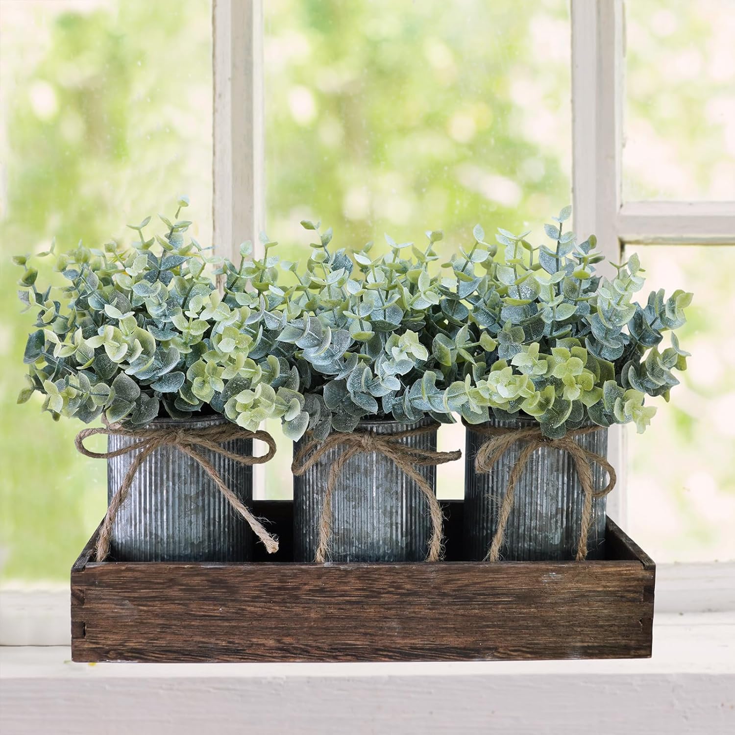 Winlyn Set of 3 Small Artificial Eucalyptus Plants Arrangement Centerpiece Faux Eucalyptus Greenery in Rustic Galvanized Metal Pots with Rectangle Wood Box for Farmhouse Home Table Shelf Décor